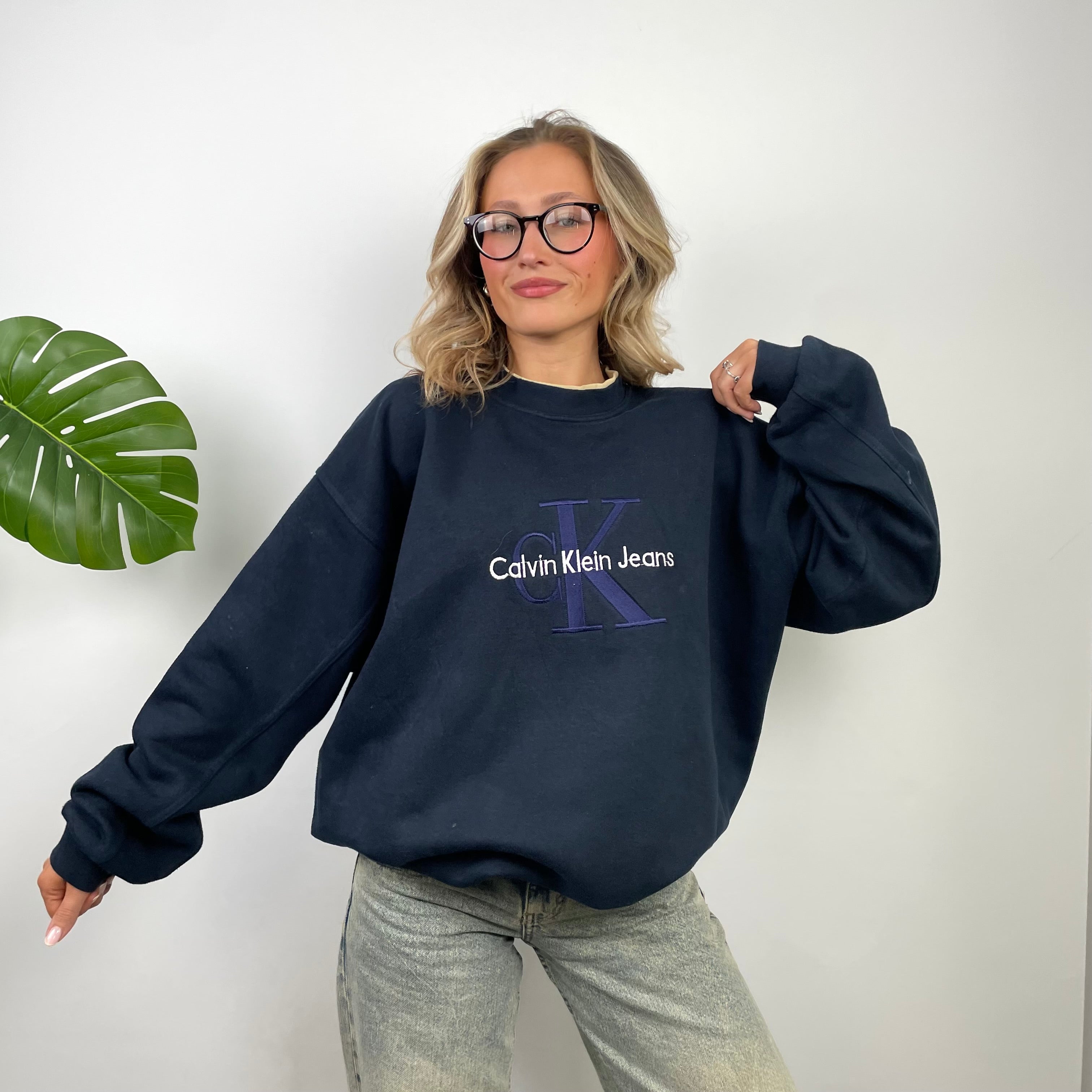 Calvin Klein Navy Embroidered Spell Out Sweatshirt (XXL)