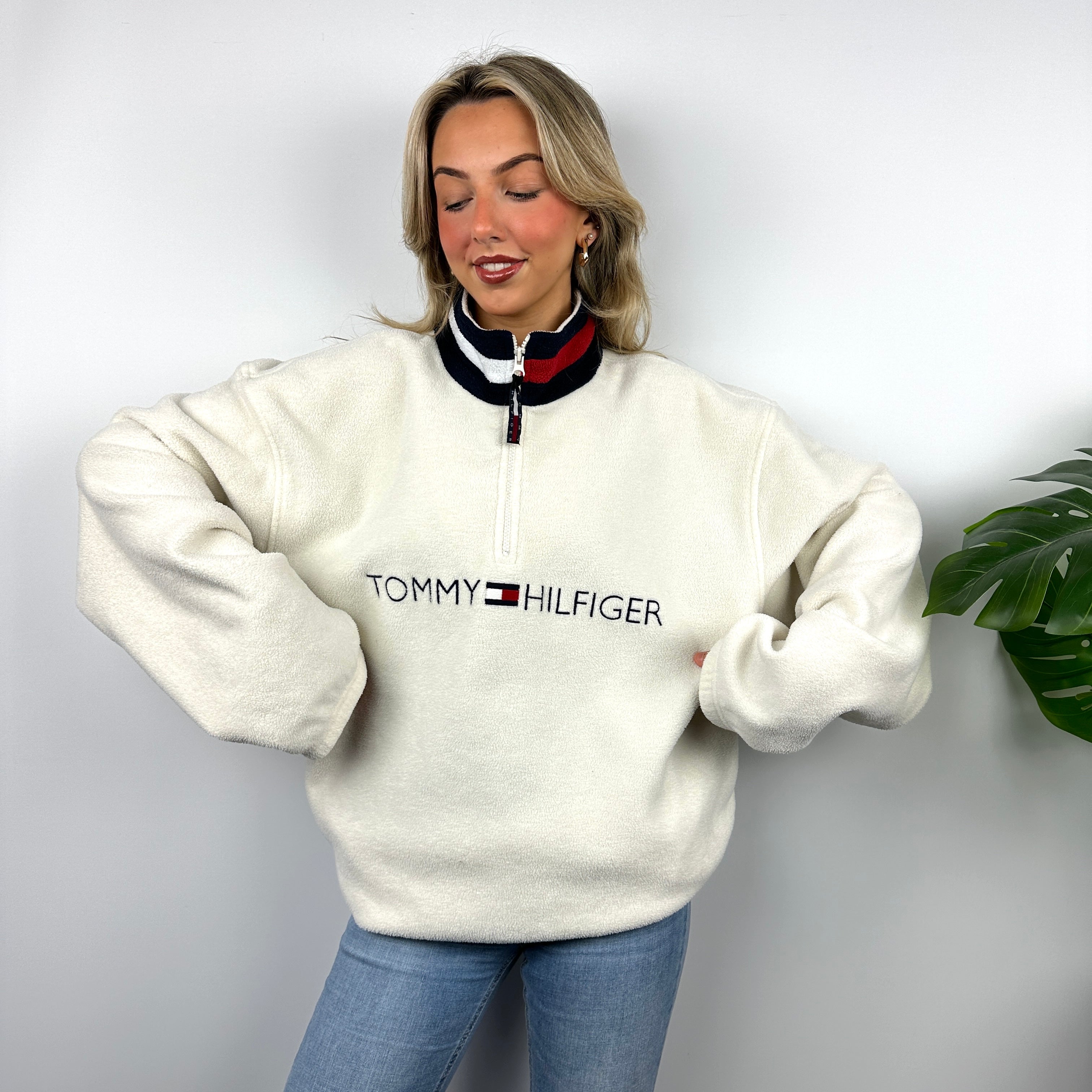 Tommy Hilfiger Cream Embroidered Spell Out Teddy Bear Fleece Quarter Zip Sweatshirt (XL)