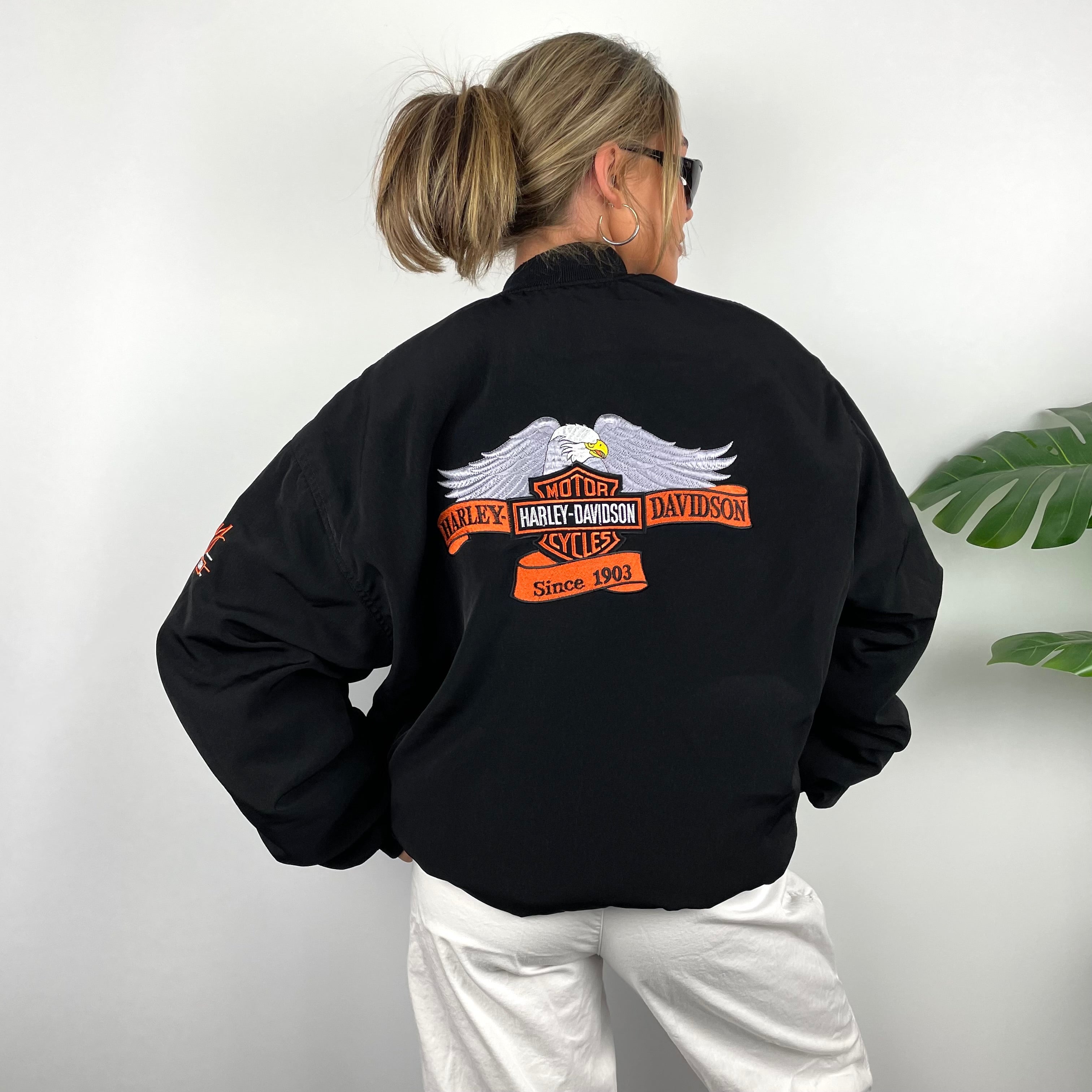 Harley Davidson RARE Black Embroidered Spell Out Zip Up Jacket (XXL)