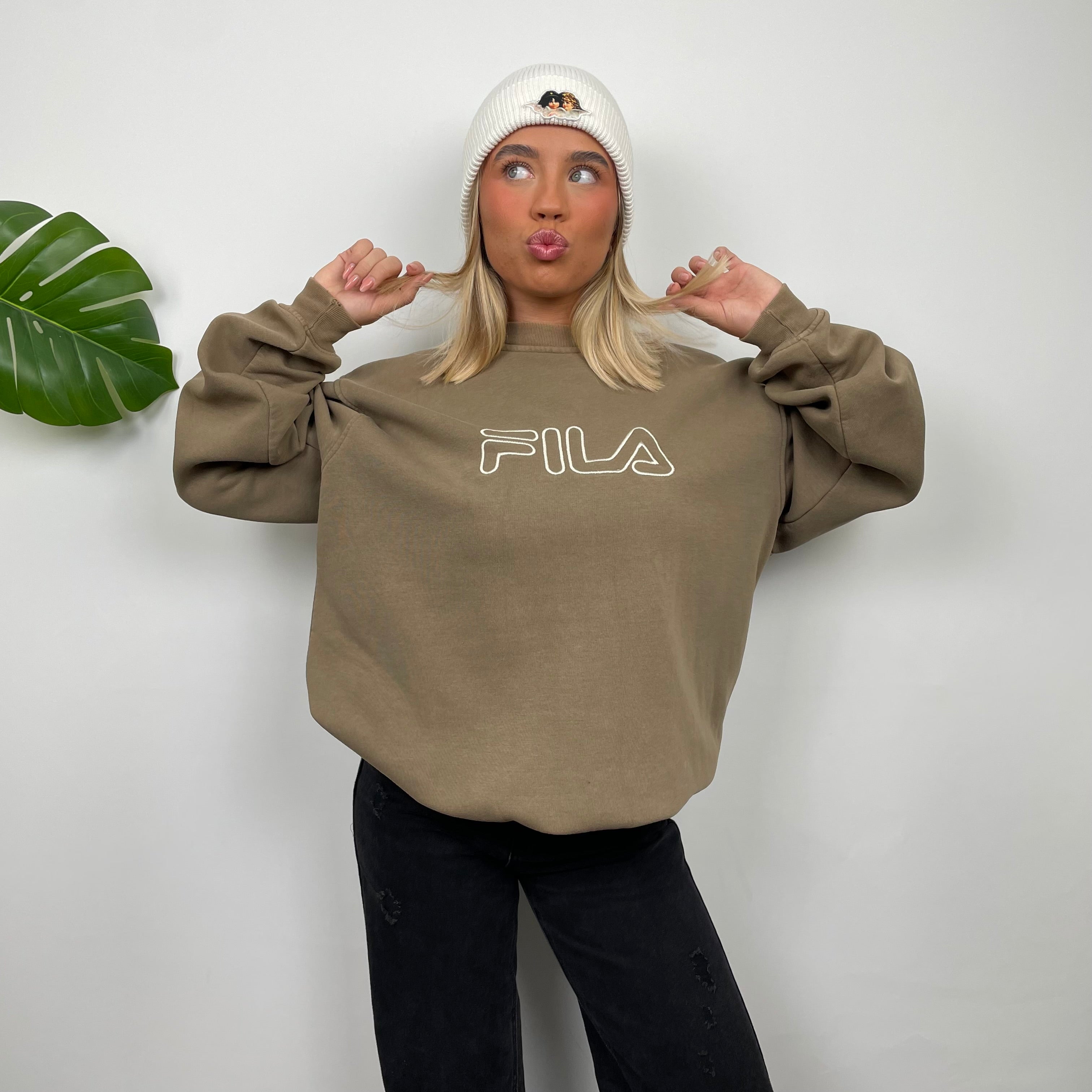 FILA Tan Brown Embroidered Spell Out Sweatshirt (L)