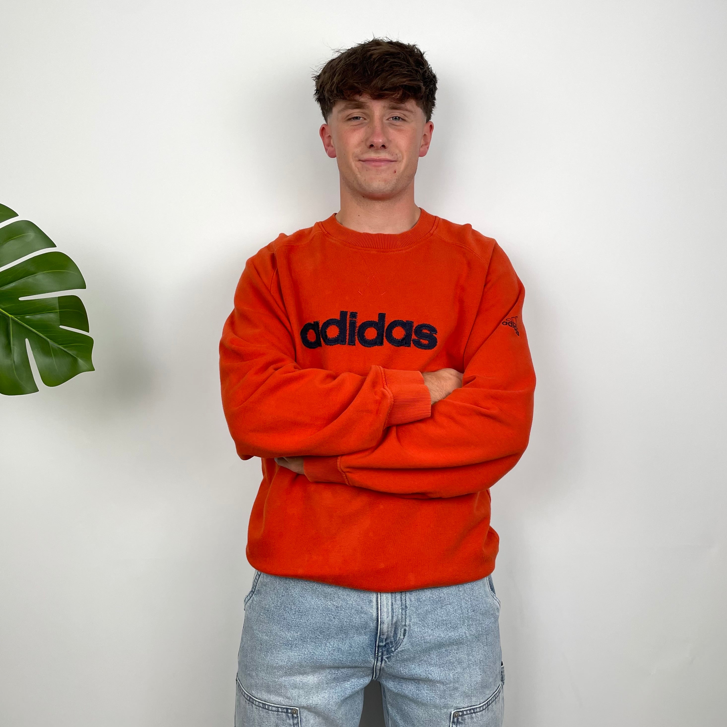 Adidas Orange Embroidered Spell Out Sweatshirt (XL)