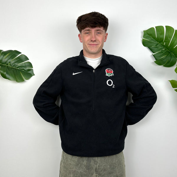 Nike X England National Rugby Team RARE Black Embroidered Logo Teddy Bear Fleece Quarter Zip Sweatshirt (L)