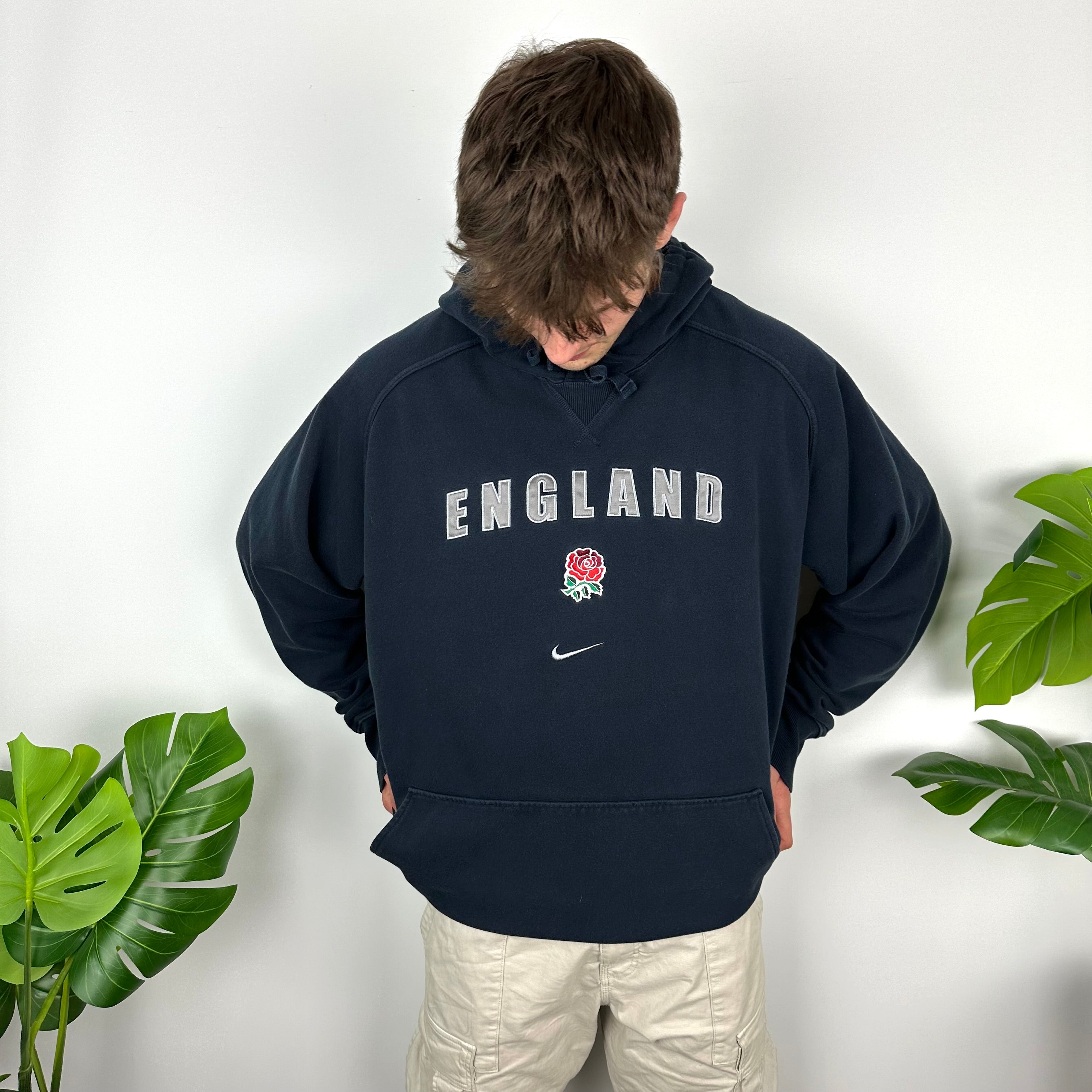 Nike X England National Rugby Team Navy Embroidered Spell Out Hoodie (XXL)