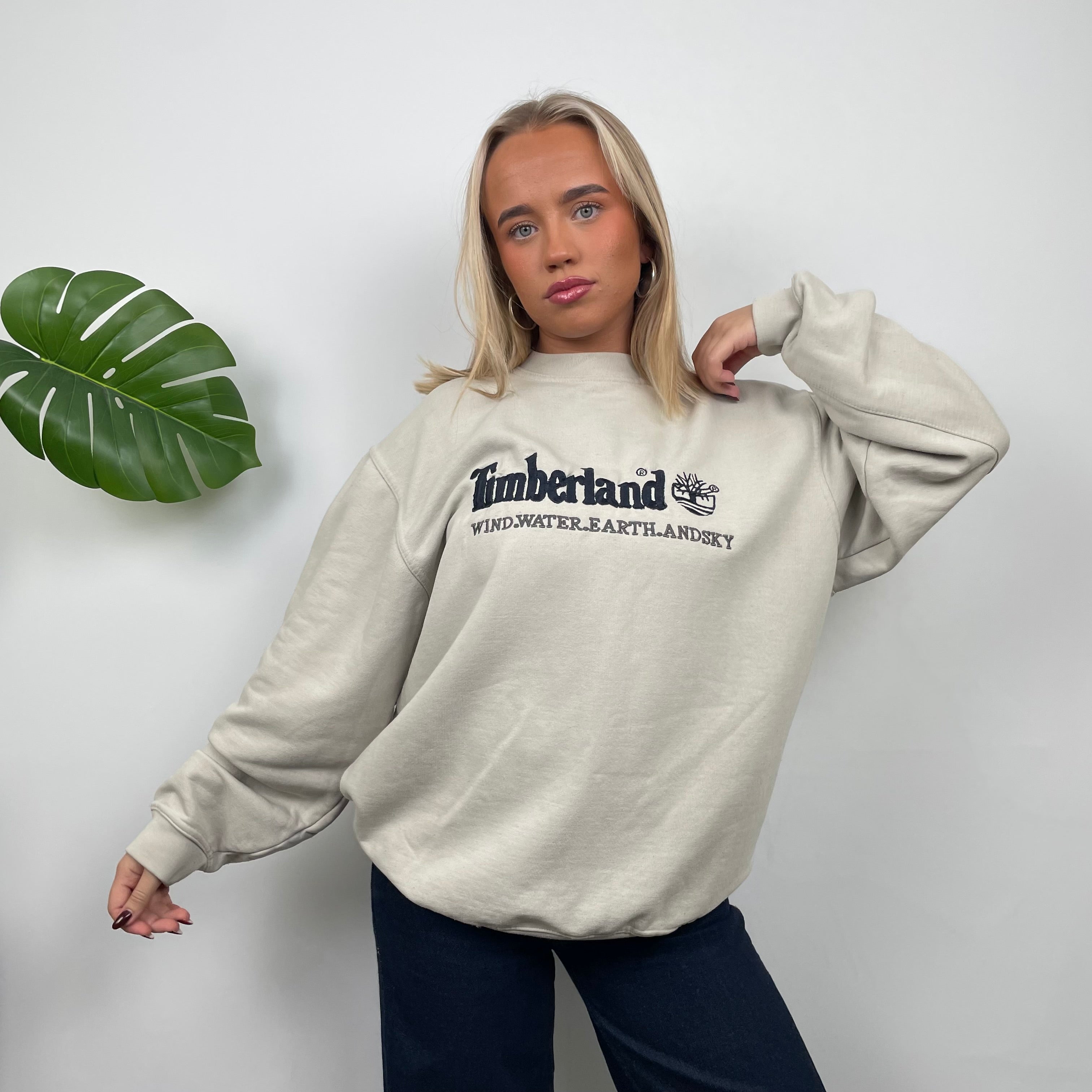 Timberland Cream Embroidered Spell Out Sweatshirt (M)