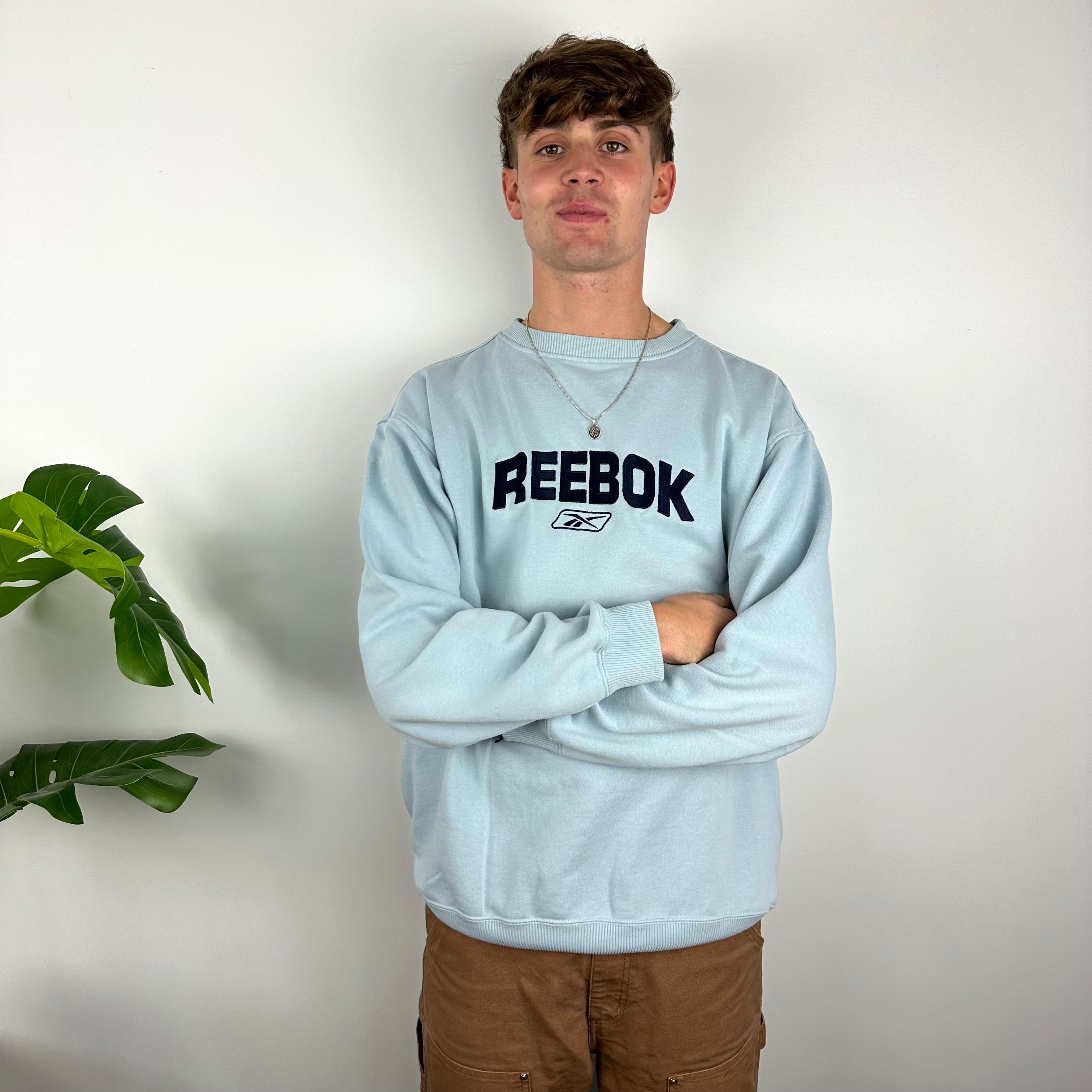 Reebok RARE Baby Blue Embroidered Spell Out Sweatshirt (XL)