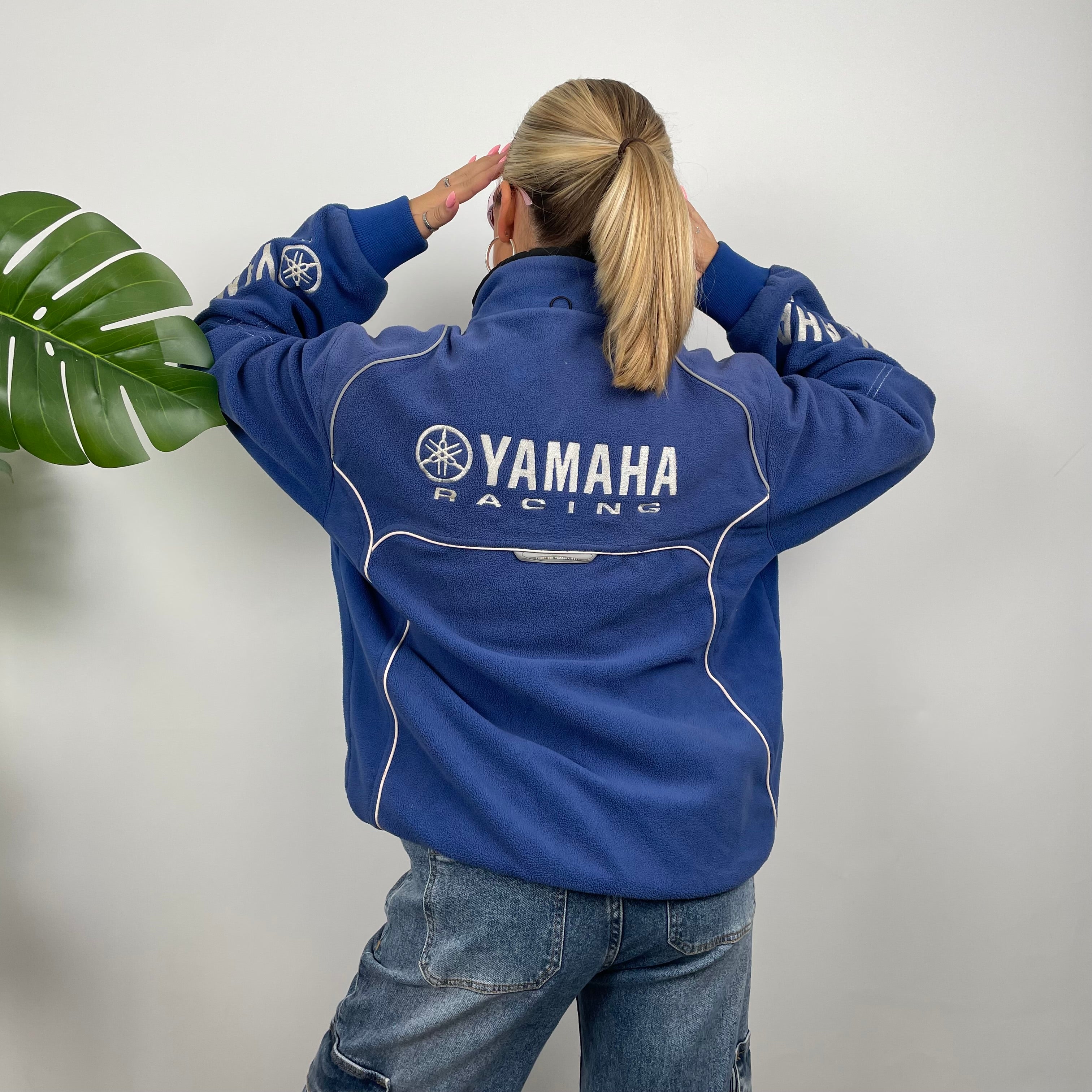 Yamaha Racing Blue Embroidered Spell Out Zip Up Teddy Bear Fleece Jacket (XL)