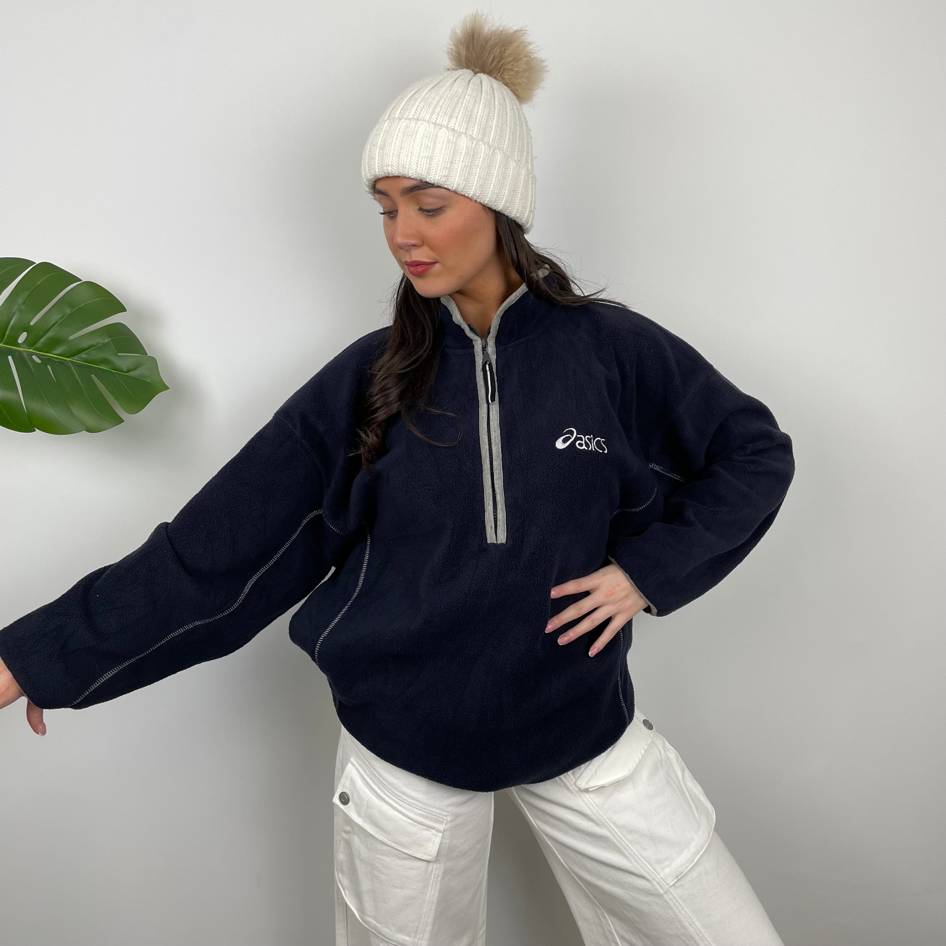 ASICS Navy Embroidered Spell Out Teddy Bear Fleece Quarter Zip Sweatshirt (XL)