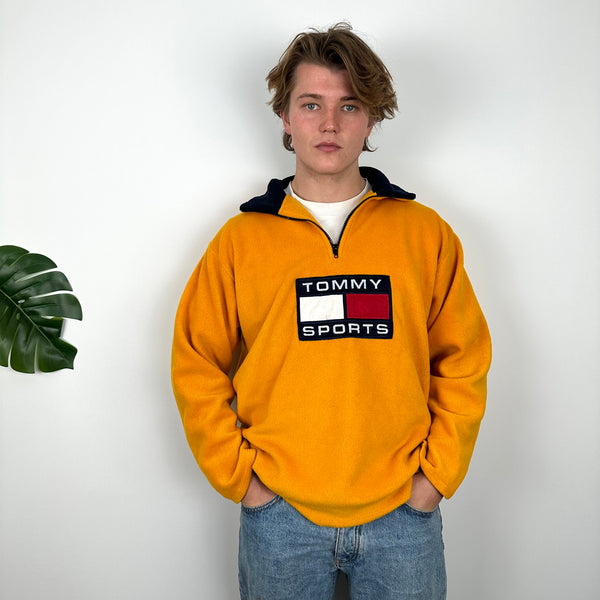 Tommy Hilfiger Mustard Embroidered Spell Out Teddy Bear Fleece Quarter Zip Sweatshirt (XL)