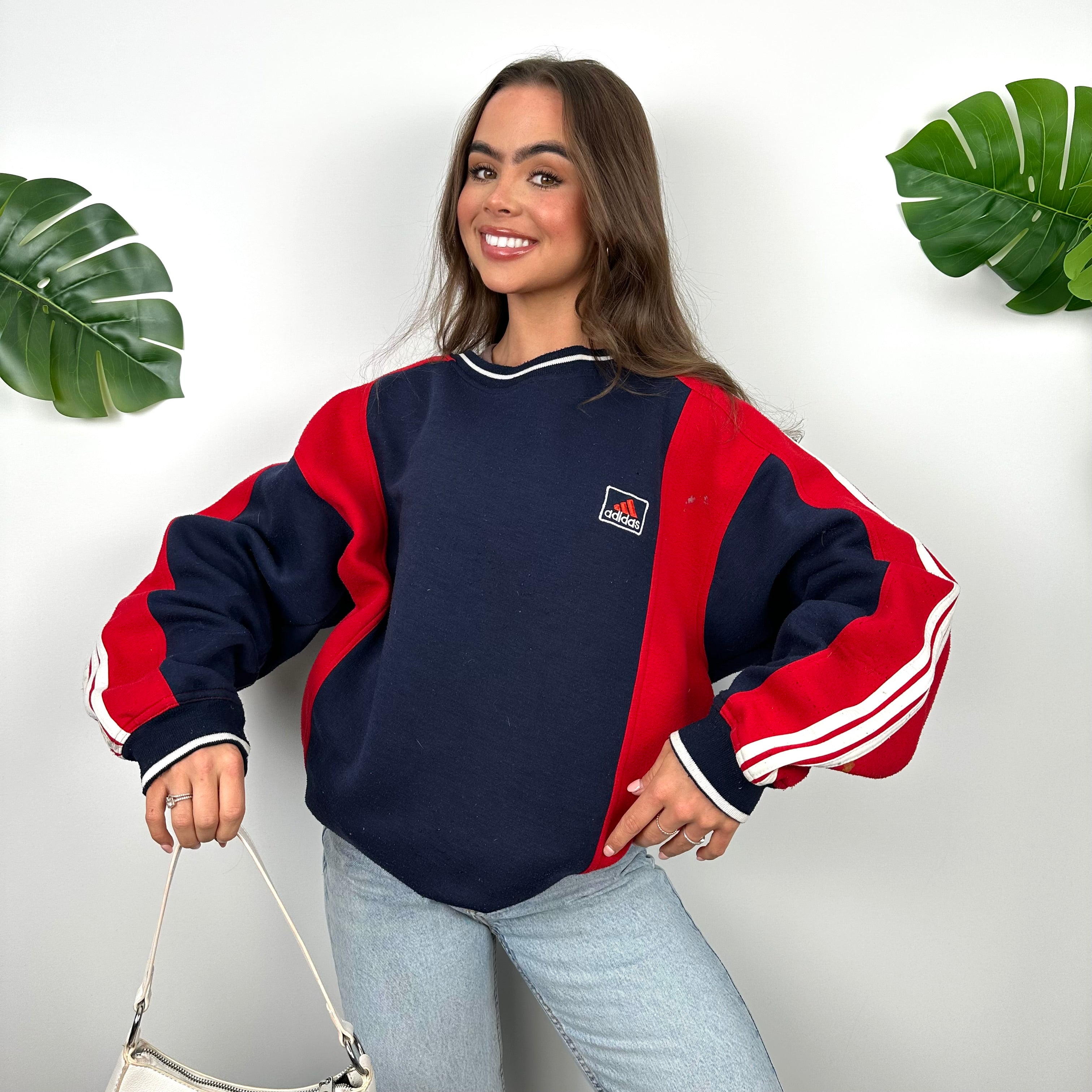 Adidas Navy and Red Embroidered Spell Out Sweatshirt (L)