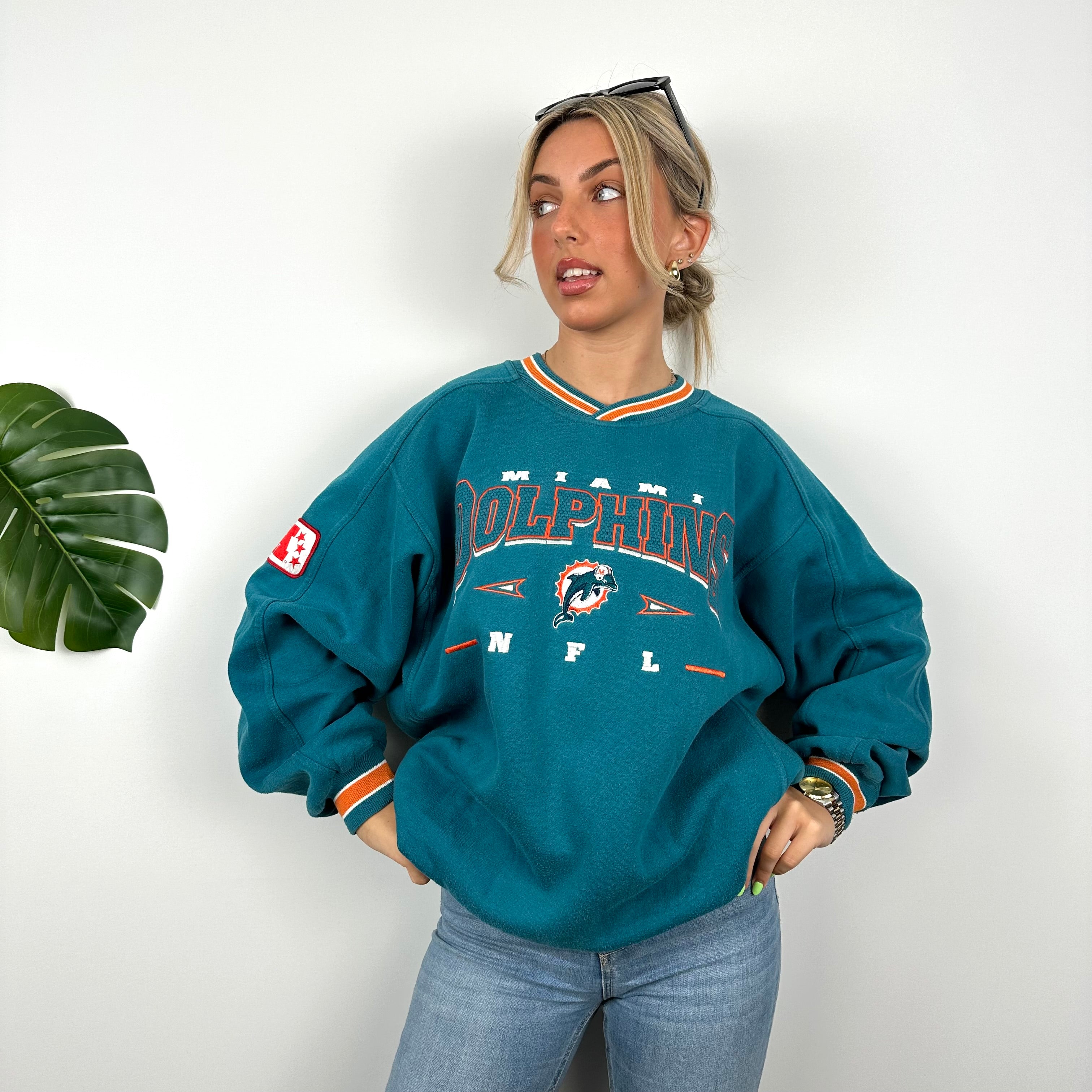 NFL Miami Dolphins Turquoise Embroidered Spell Out Sweatshirt (L)