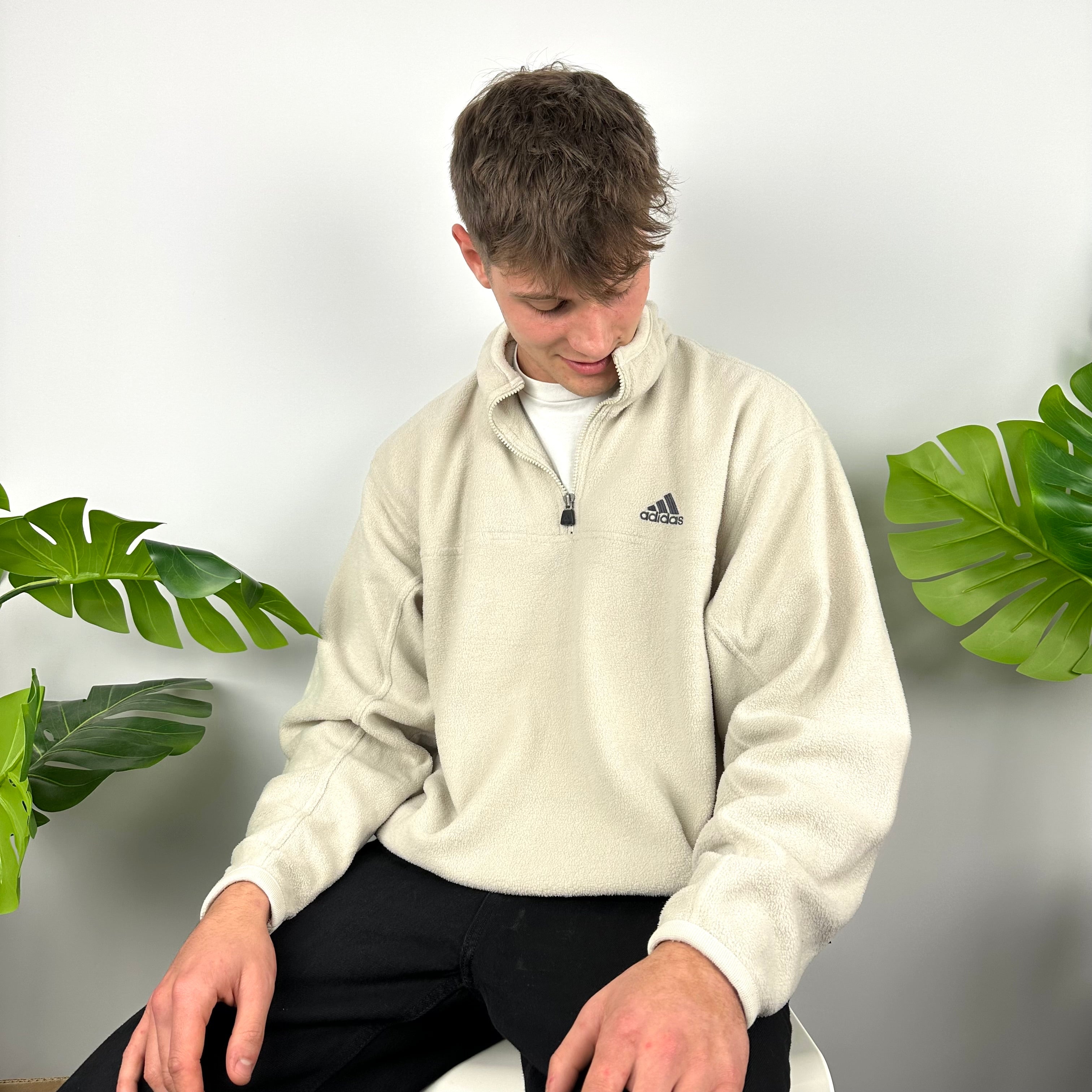 Adidas Cream Embroidered Spell Out Teddy Bear Fleece Quarter Zip Sweatshirt (XL)