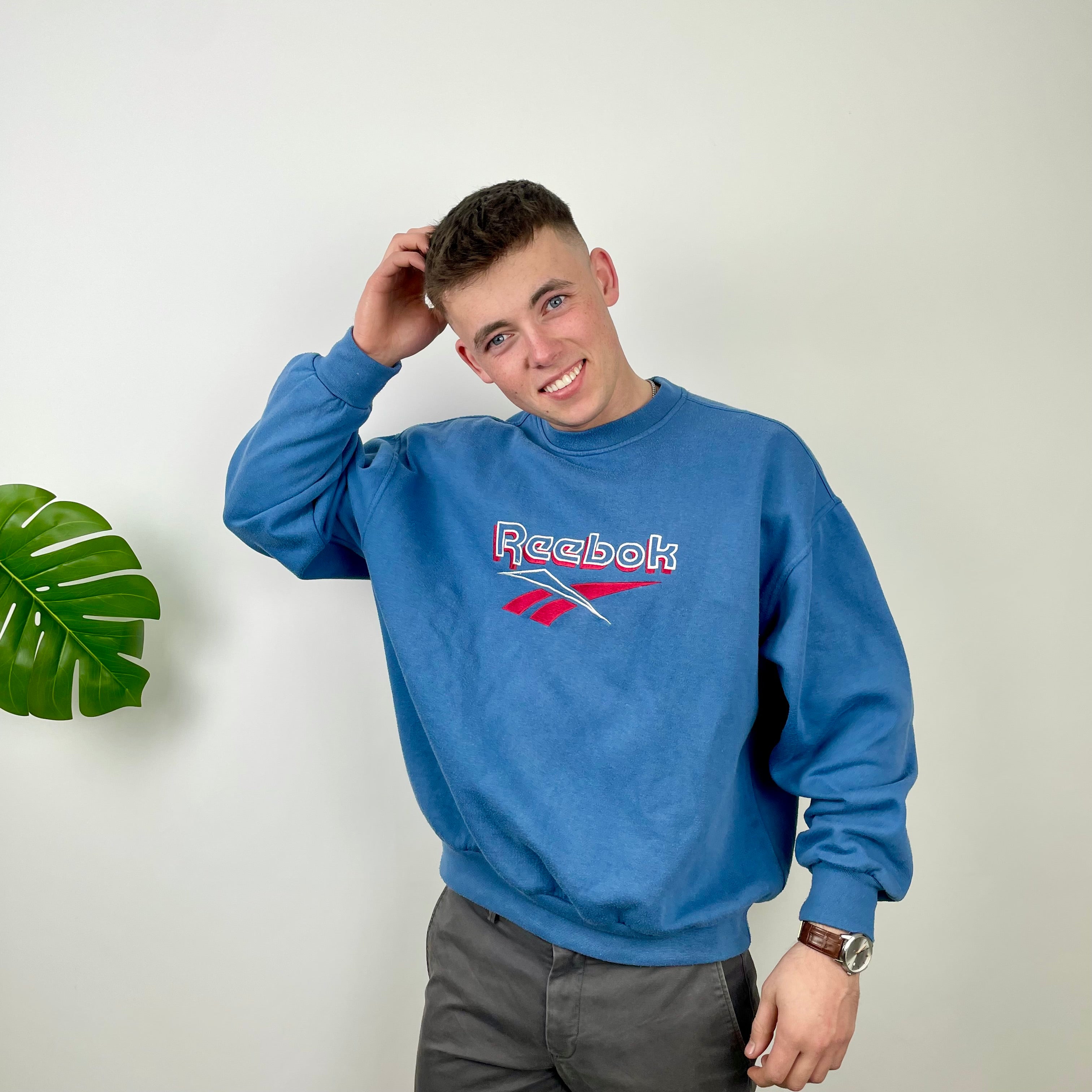 Reebok RARE Blue Embroidered Spell Out Sweatshirt (L)