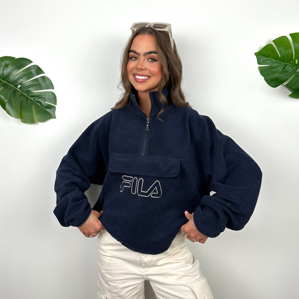 FILA Navy Embroidered Spell Out Teddy Bear Fleece Quarter Zip Sweatshirt (S)