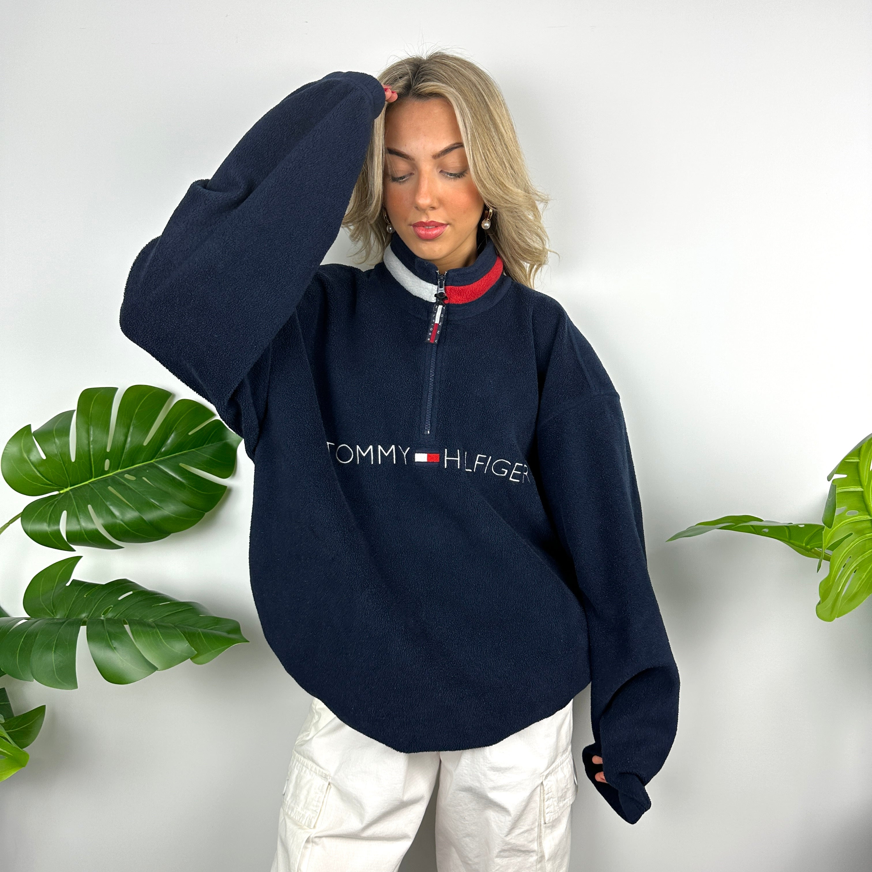 Tommy Hilfiger Navy Embroidered Spell Out Teddy Bear Fleece Quarter Zip Sweatshirt (XL)