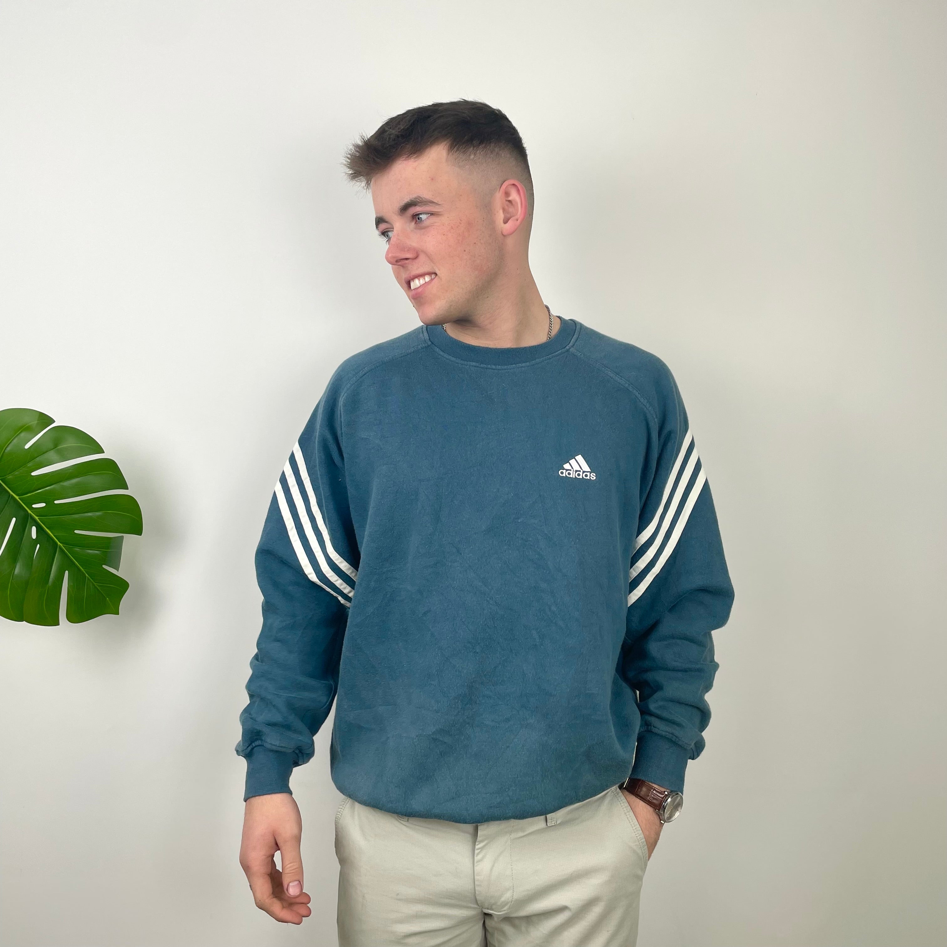 Adidas Blue Embroidered Spell Out Sweatshirt (XL)