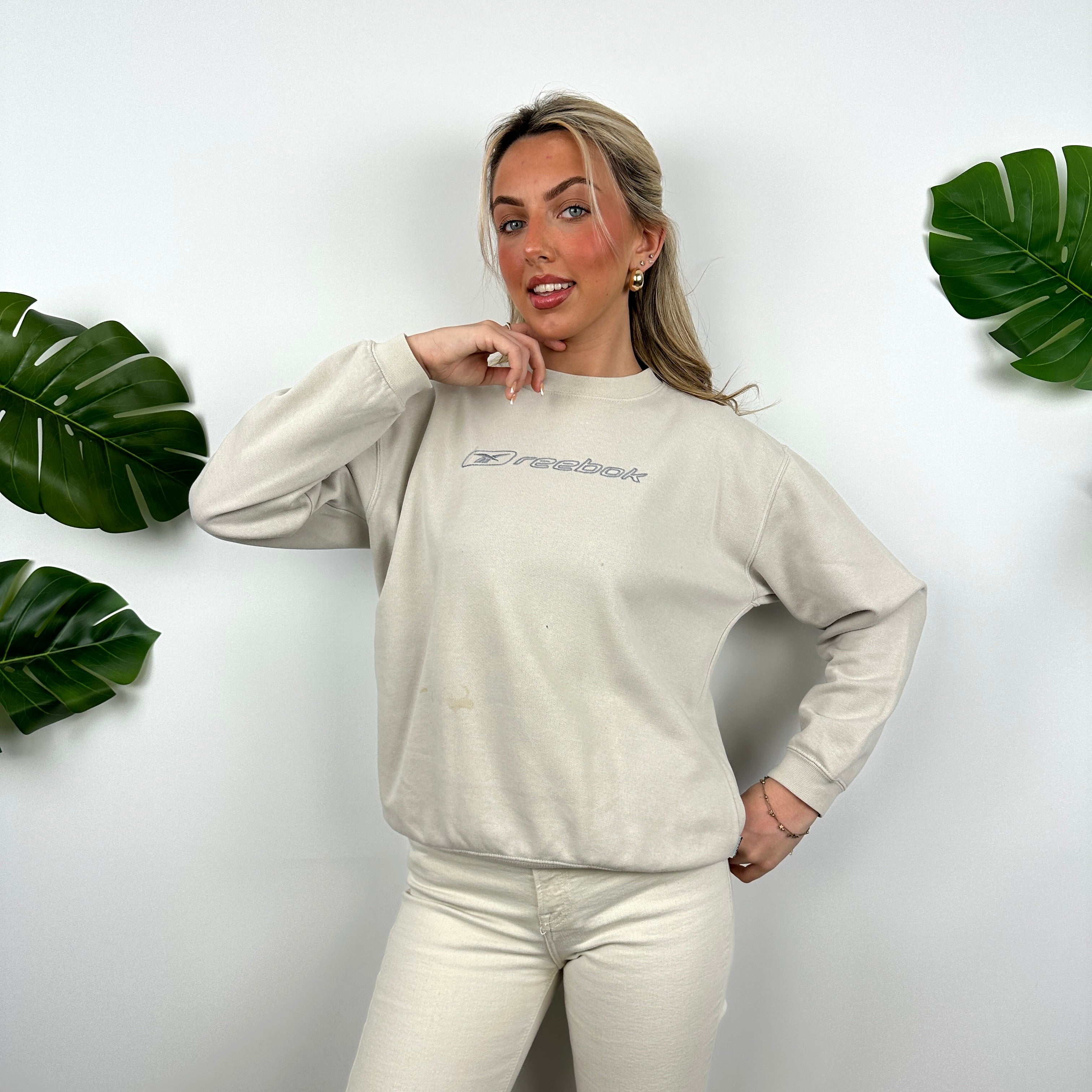 Reebok Cream Embroidered Spell Out Sweatshirt (M)