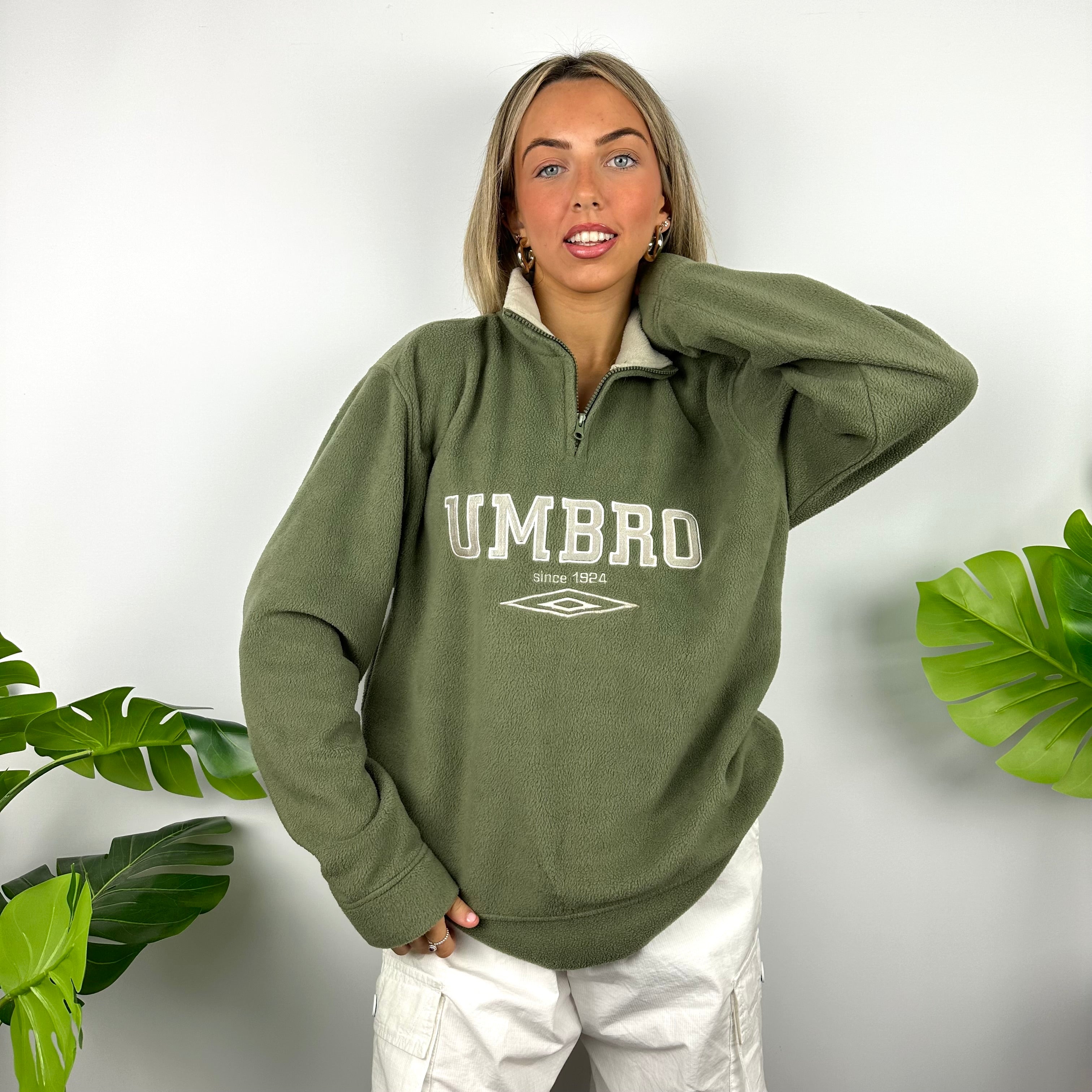 Umbro Green Embroidered Spell Out Teddy Bear Fleece Quarter Zip Sweatshirt (M)