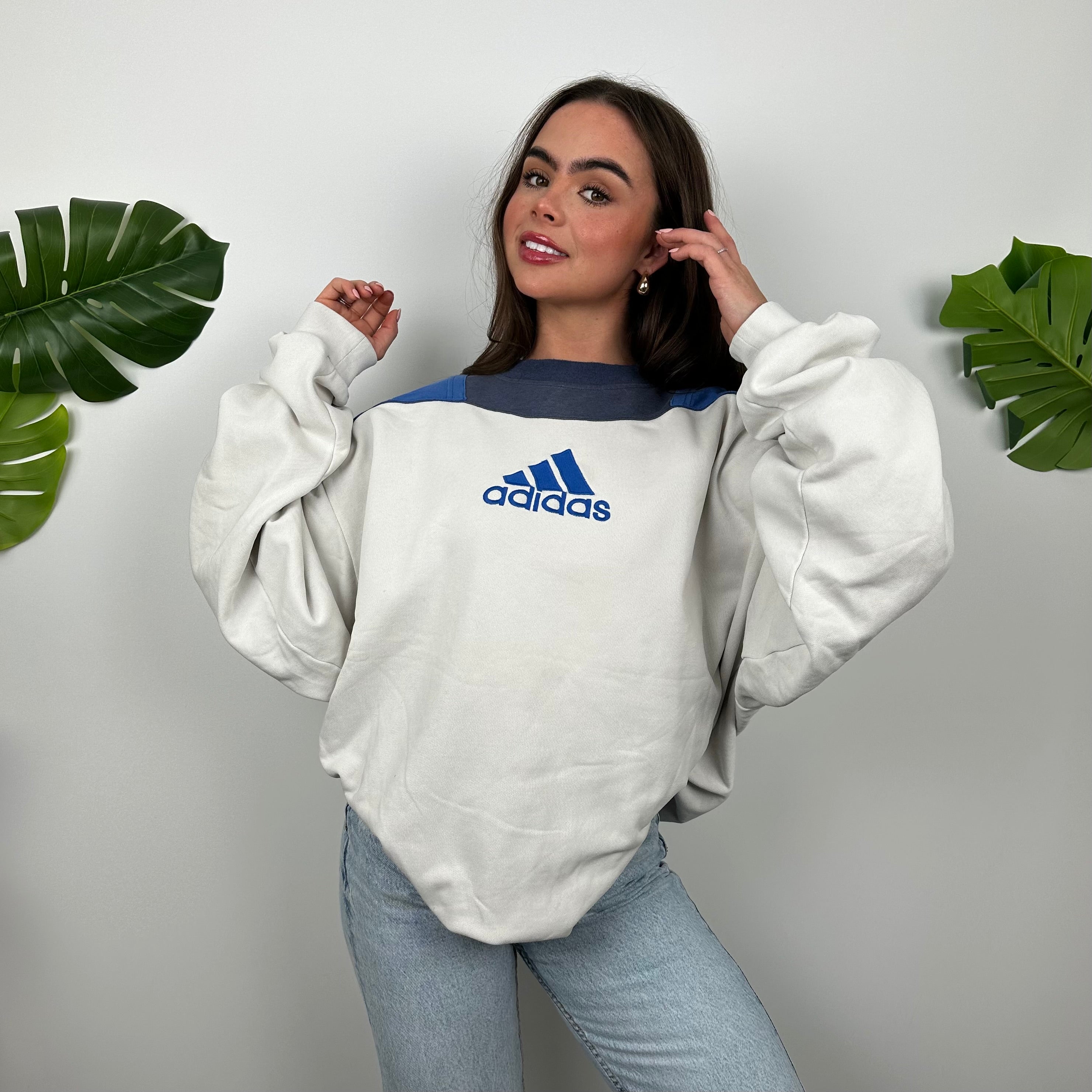 Adidas White and Navy Embroidered Spell Out Sweatshirt (L)