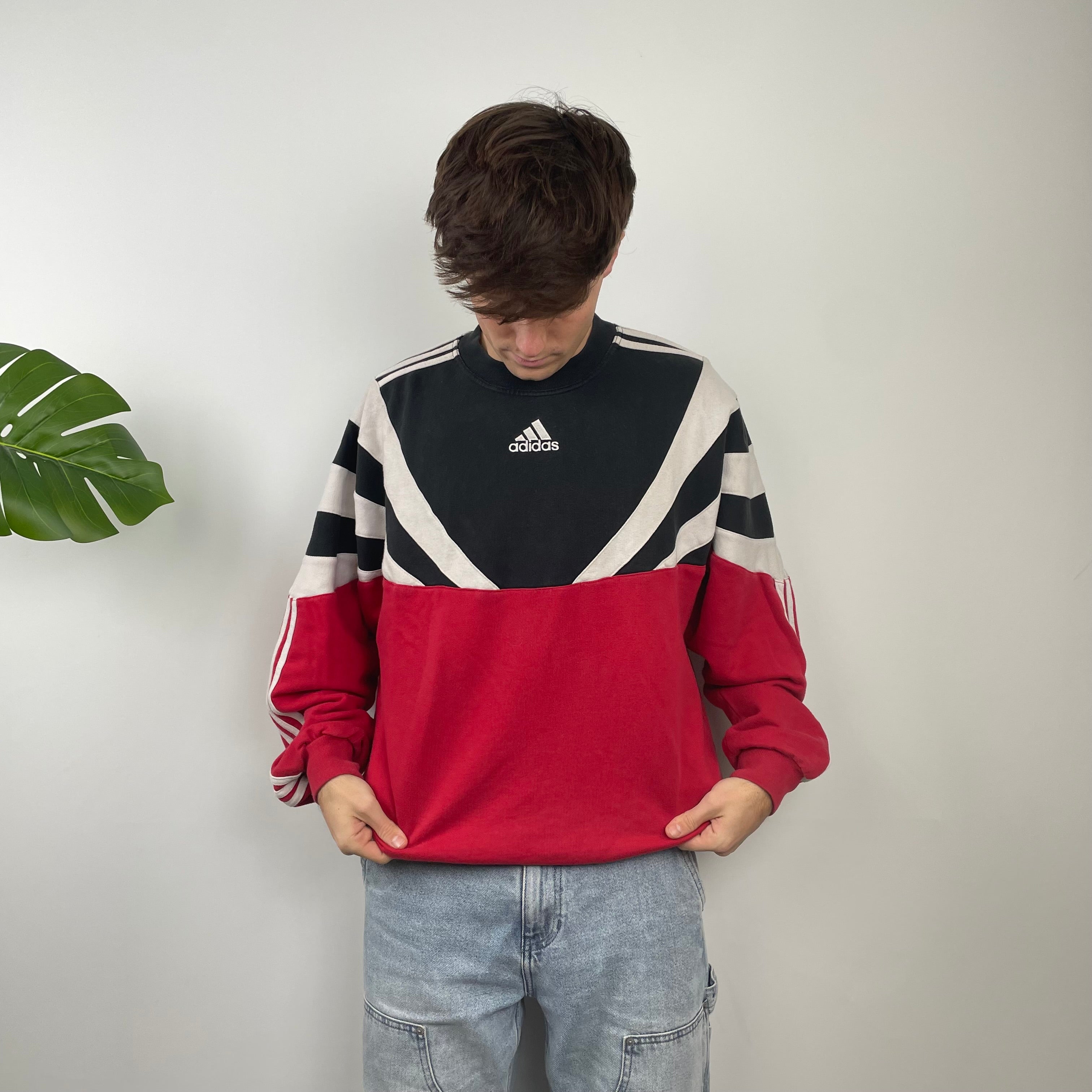 Adidas RARE Red & Black Colour Block Embroidered Spell Out Sweatshirt (M)