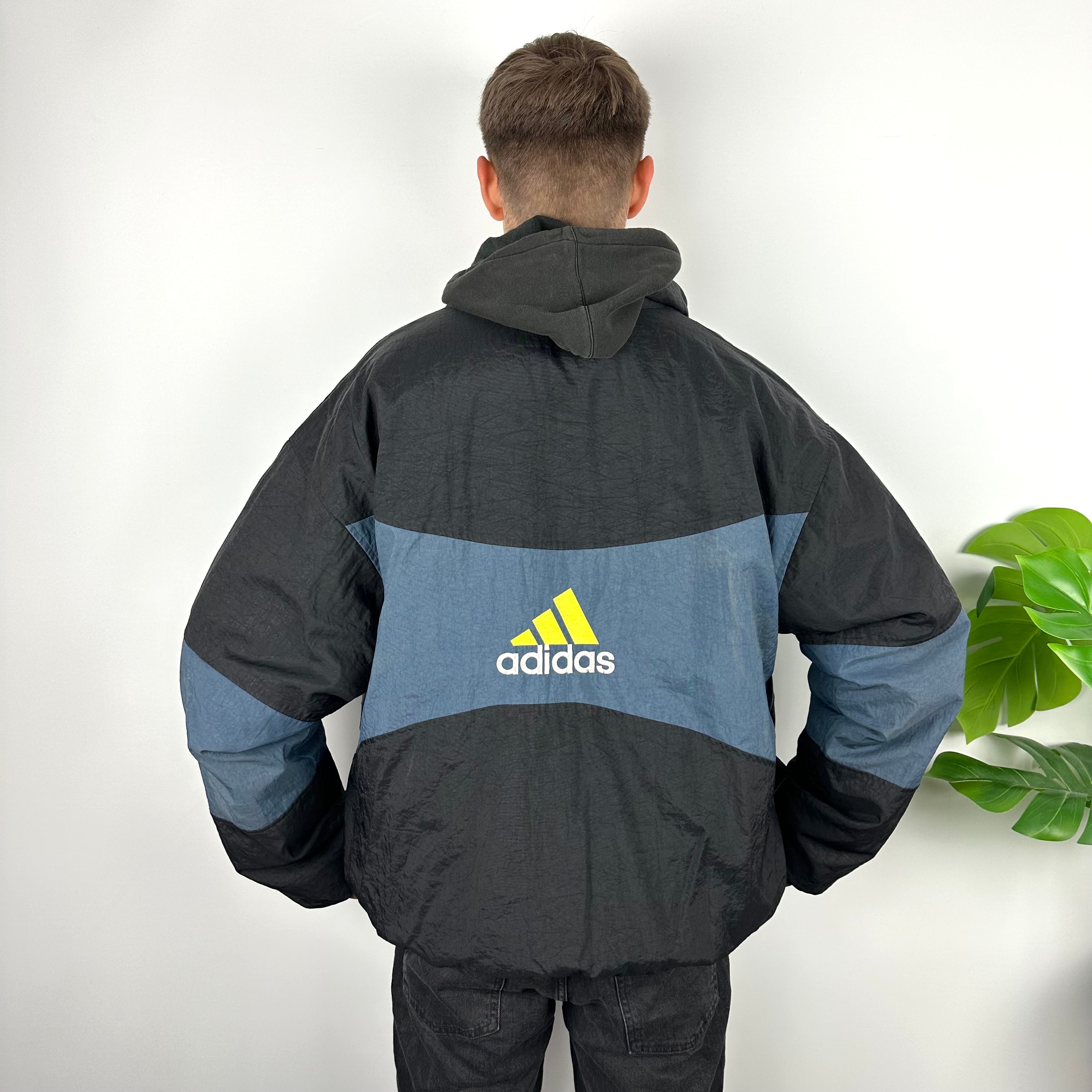 Adidas Black and Navy Colour Block Embroidered Spell Out Padded Jacket (XL)