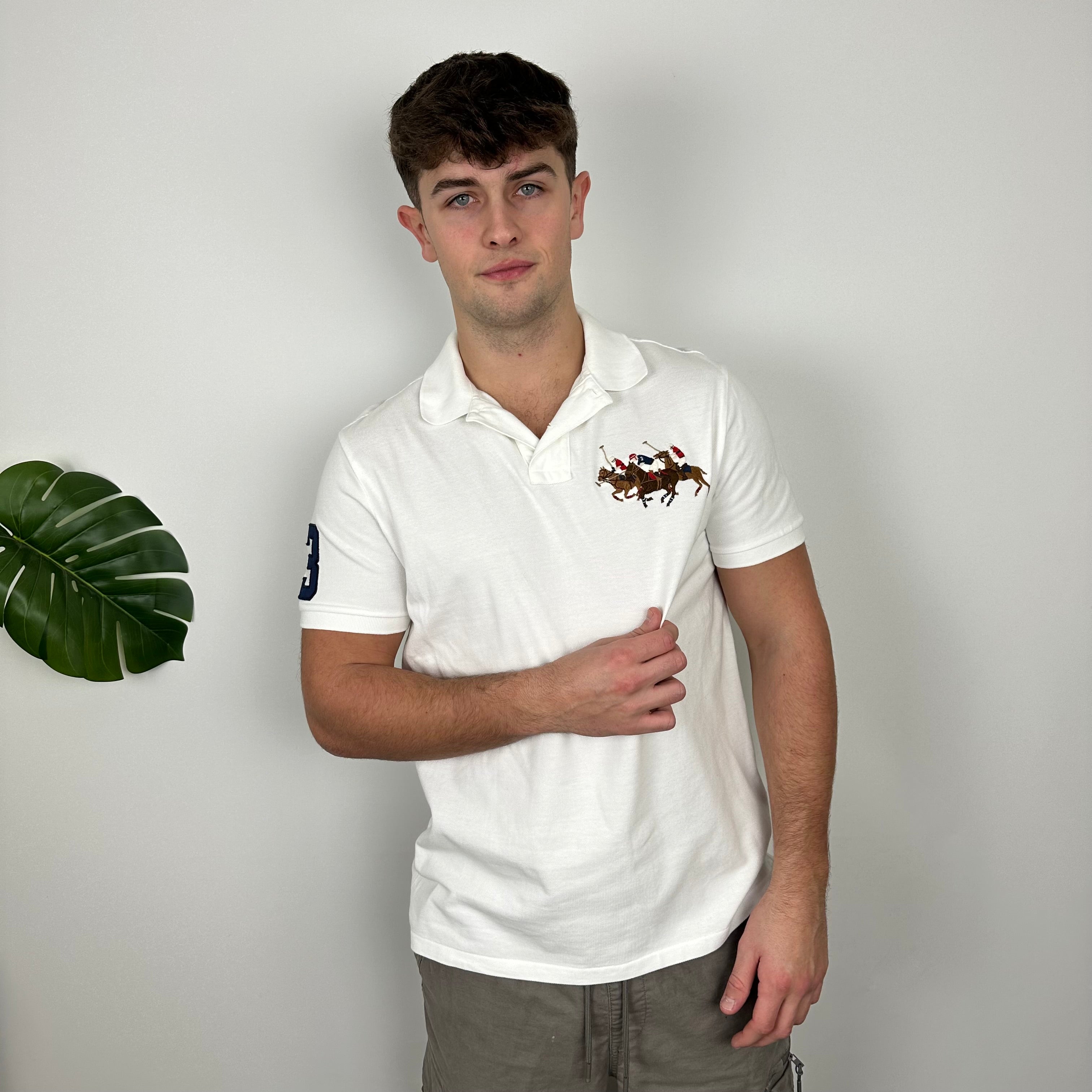 Polo Ralph Lauren RARE White Embroidered Spell Out Logo Polo Shirt (L)