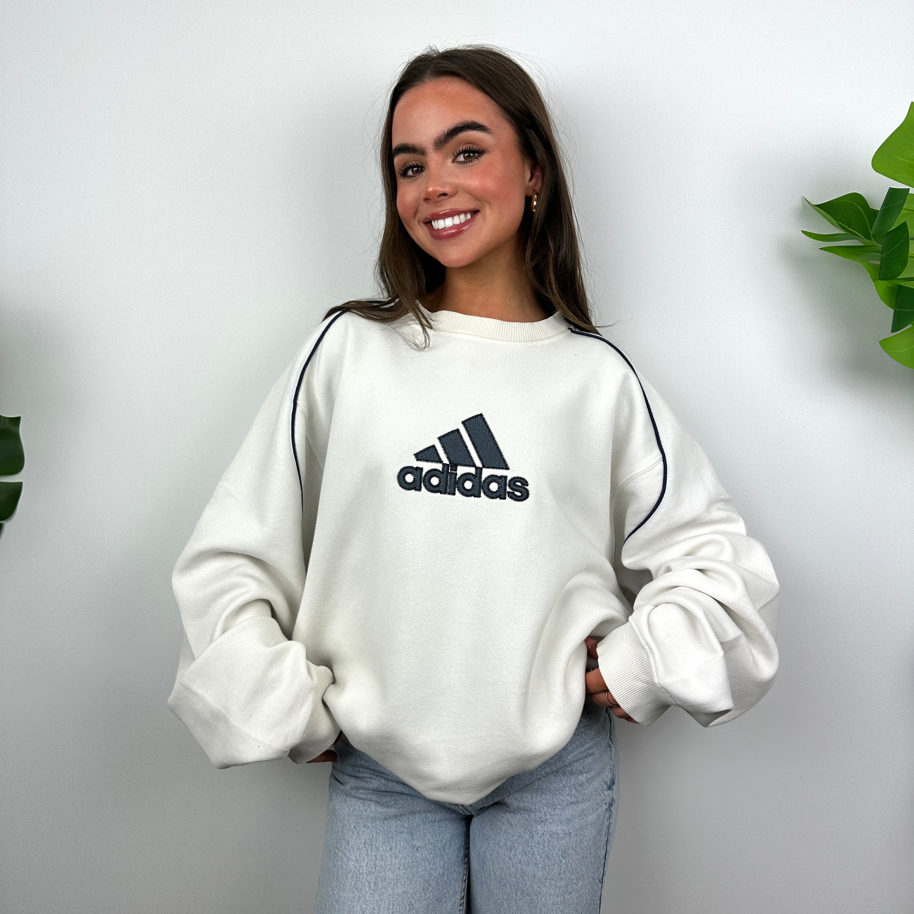 Adidas White Embroidered Spell Out Sweatshirt (L)