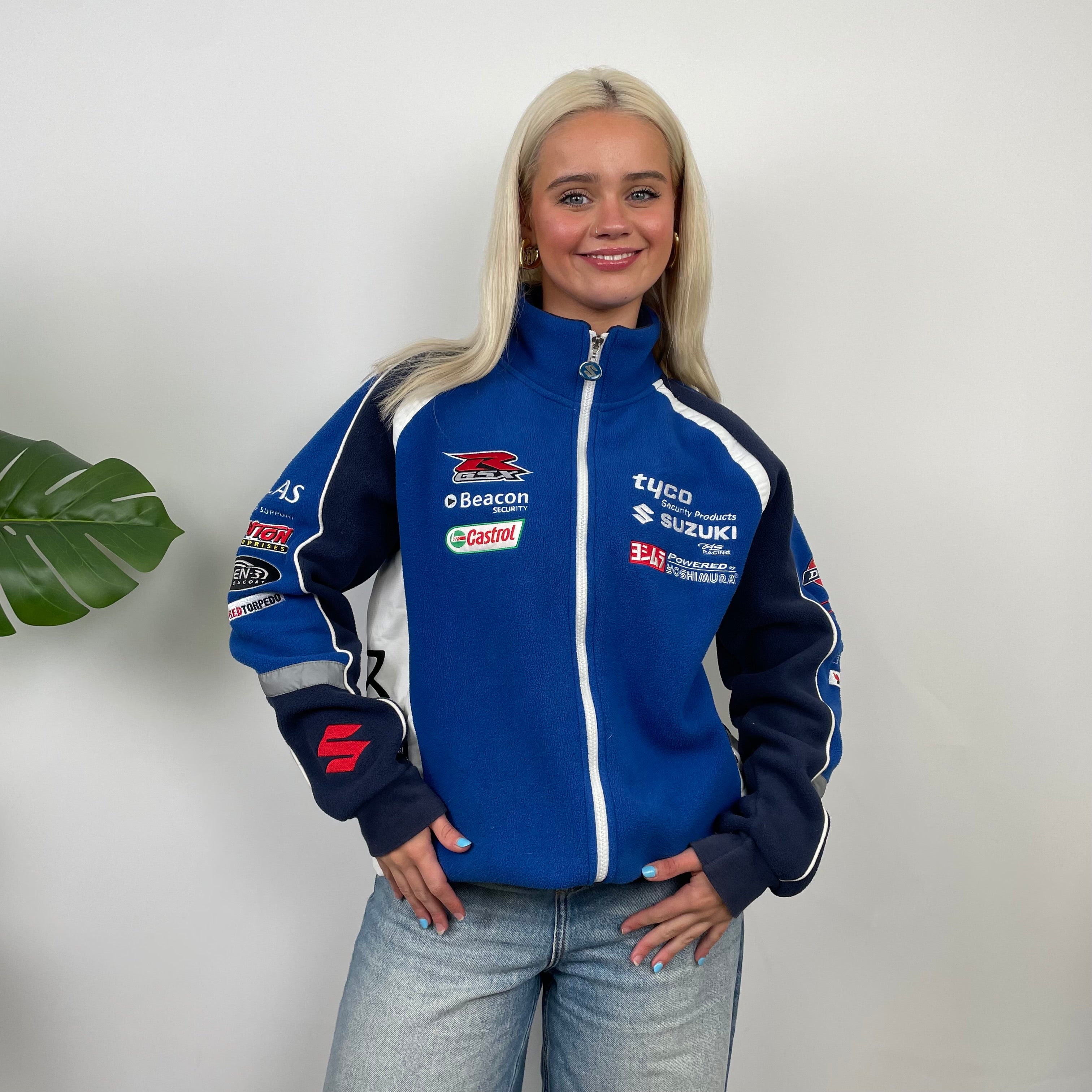 Suzuki Racing Blue Embroidered Spell Out Zip Up Jacket (M)