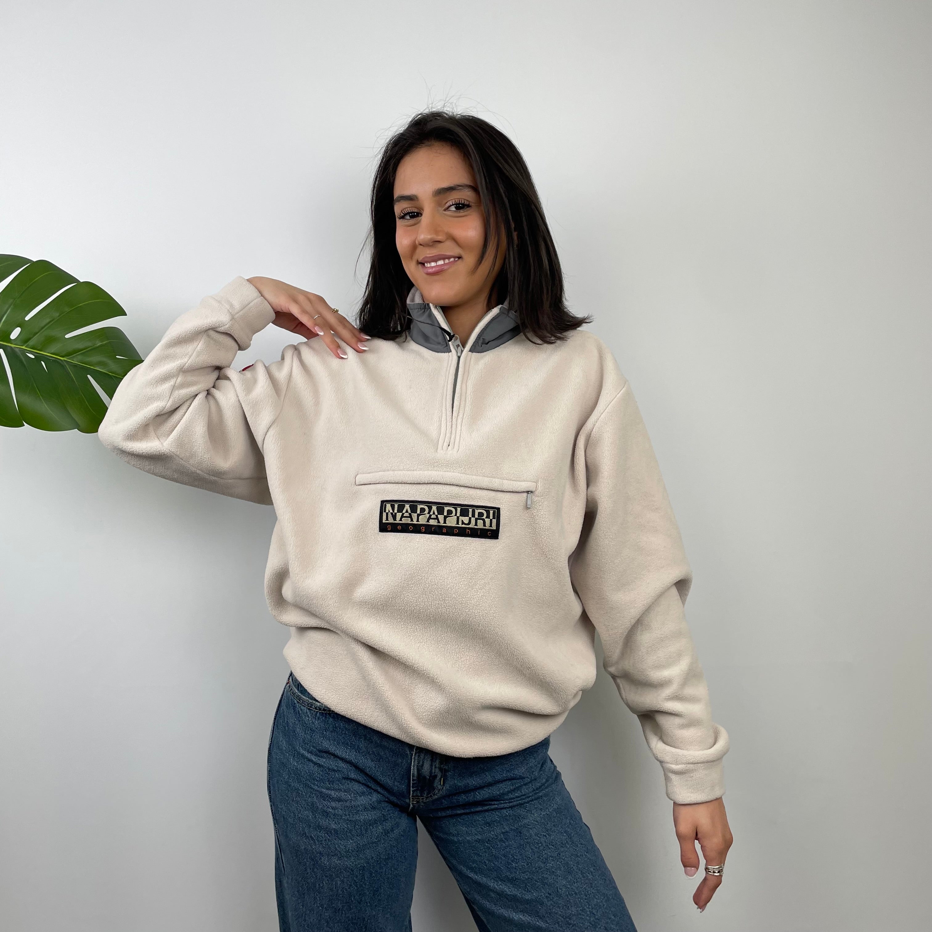 Napapijri Cream Embroidered Spell Out Teddy Bear Fleece Quarter Zip (M)