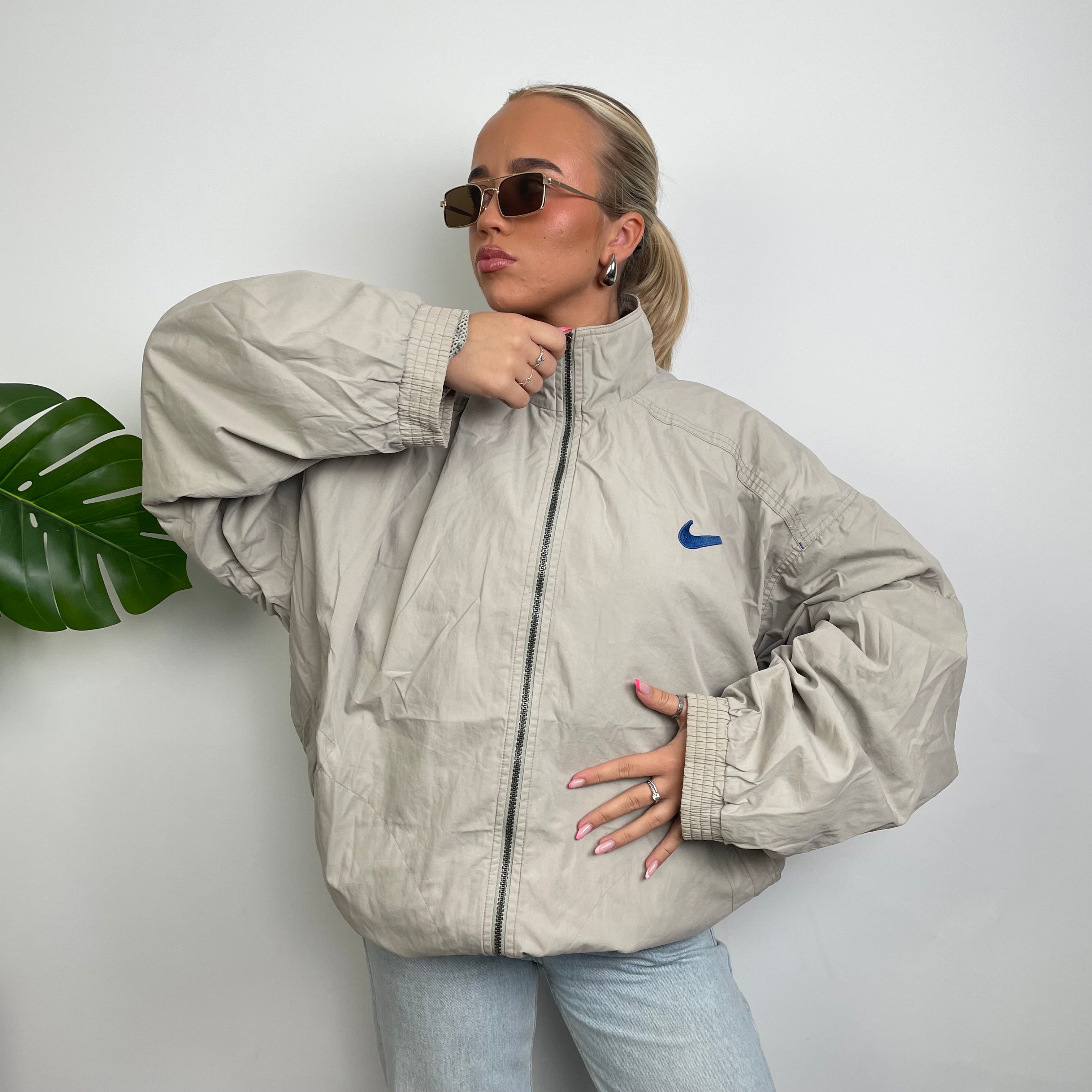 Nike Cream Embroidered Swoosh Windbreaker Jacket (XL)