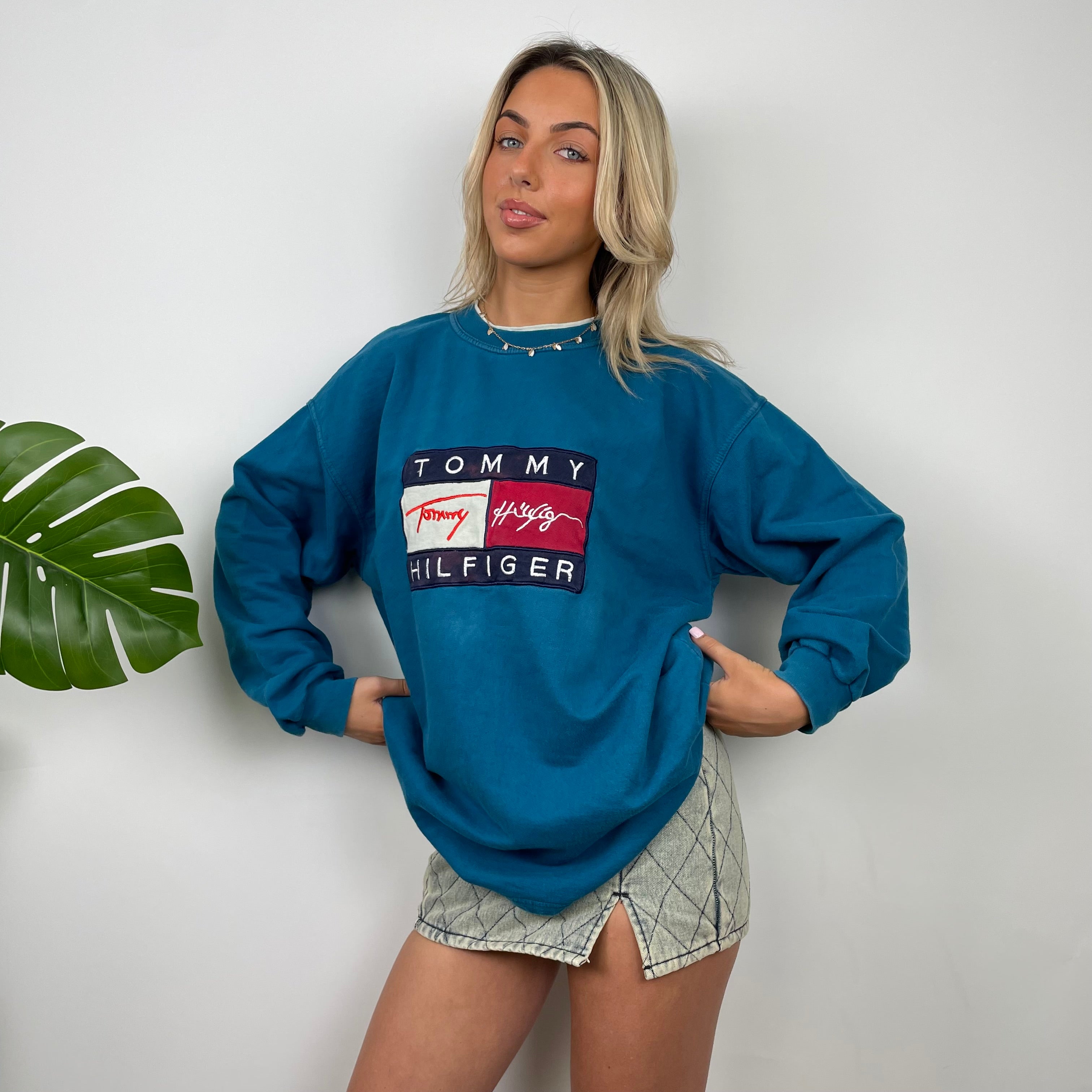 Tommy Hilfiger Turquoise Embroidered Spell Out Sweatshirt (XL)