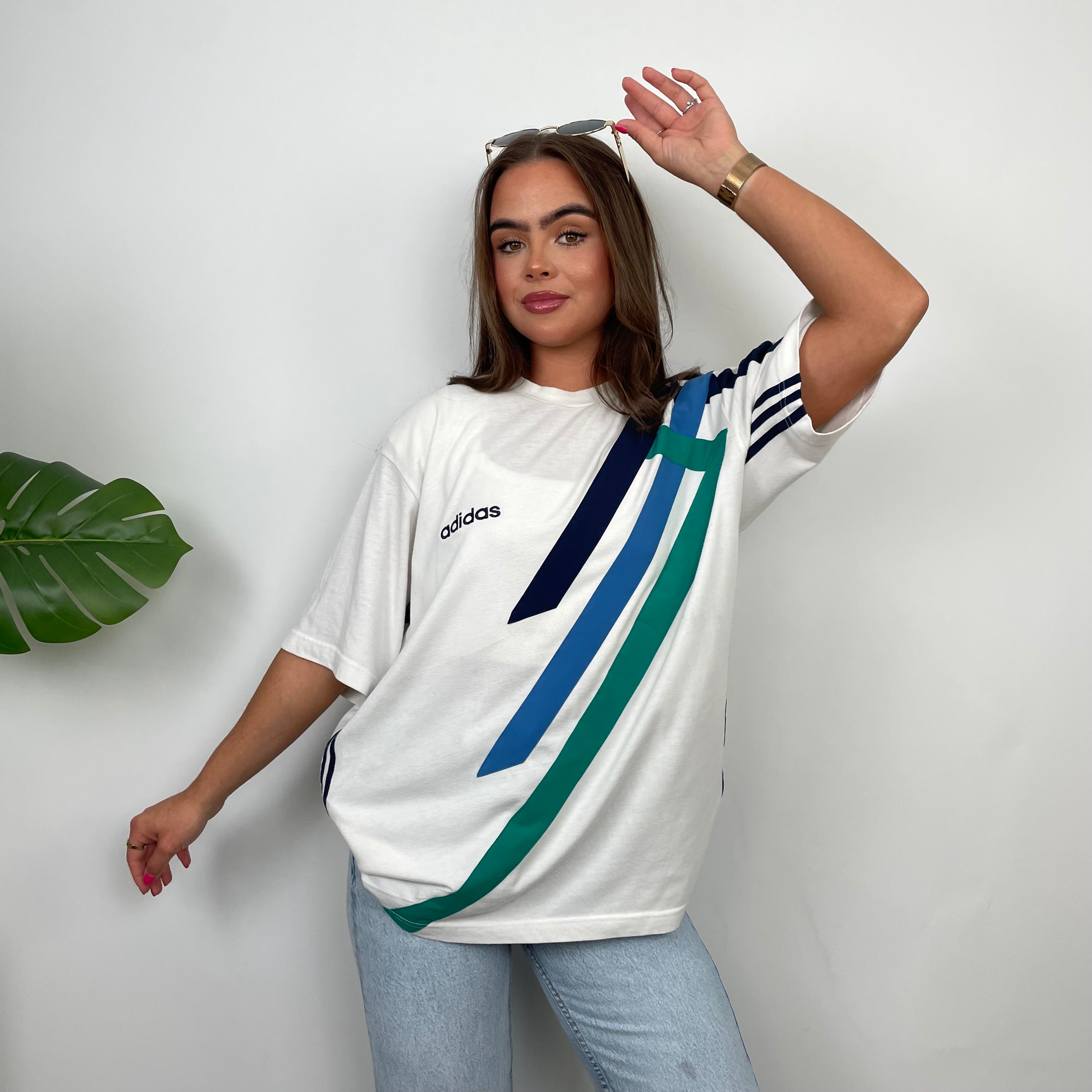 Adidas White Embroidered Spell Out Colour Block T Shirt (XL)