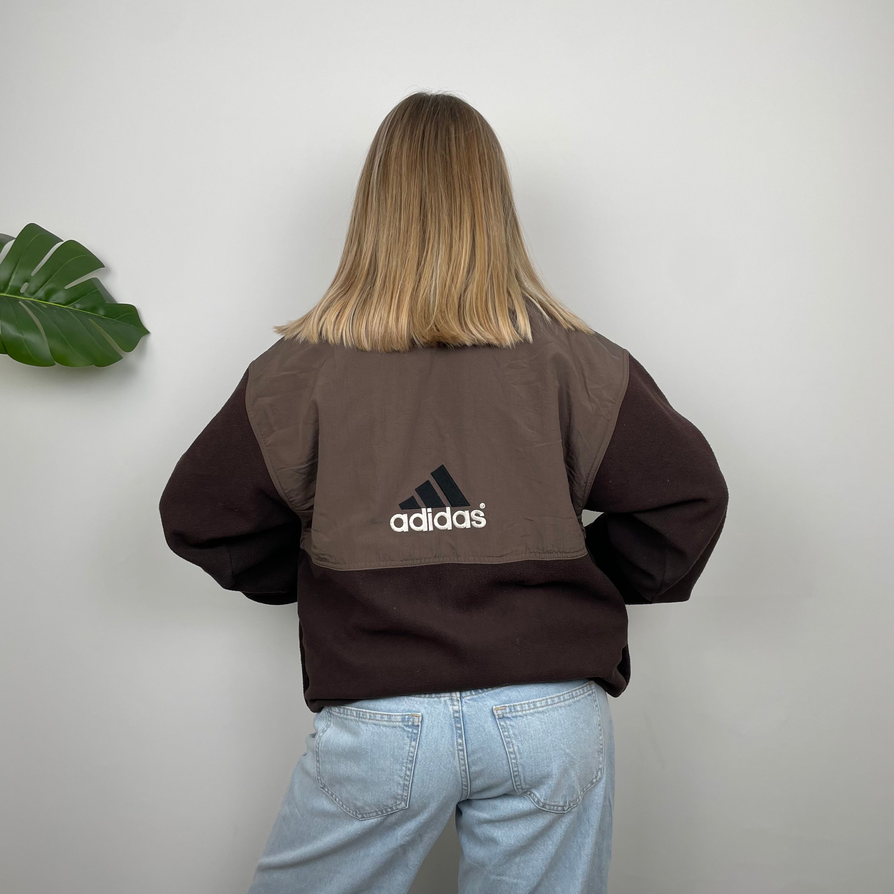 Adidas Brown Embroidered Spell Out Teddy Bear Fleece Zip Up Jacket (L)