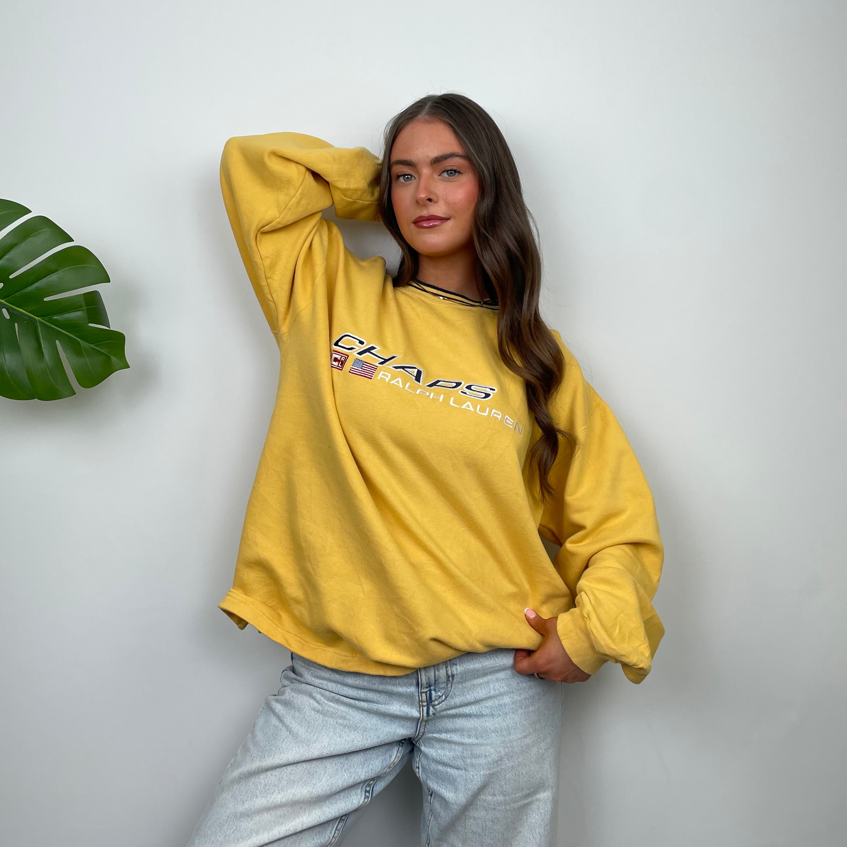 Chaps Ralph Lauren RARE Yellow Embroidered Spell Out Sweatshirt (L)