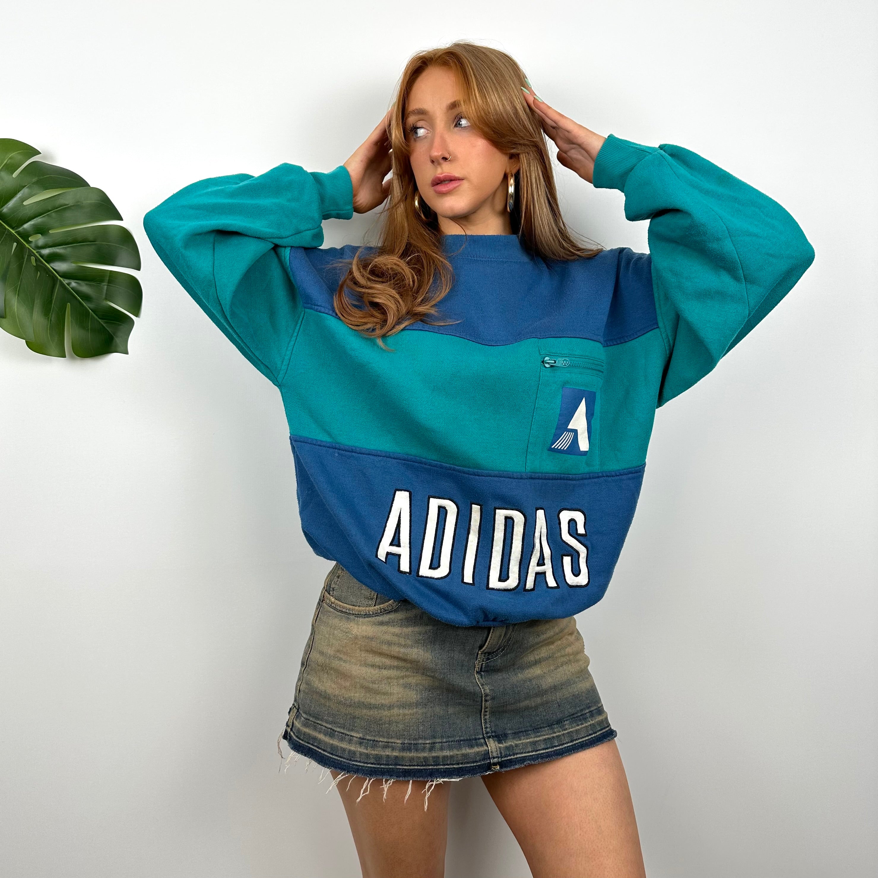 Adidas RARE Blue & Turquoise Blue Colour Block Embroidered Spell Out Sweatshirt (S)