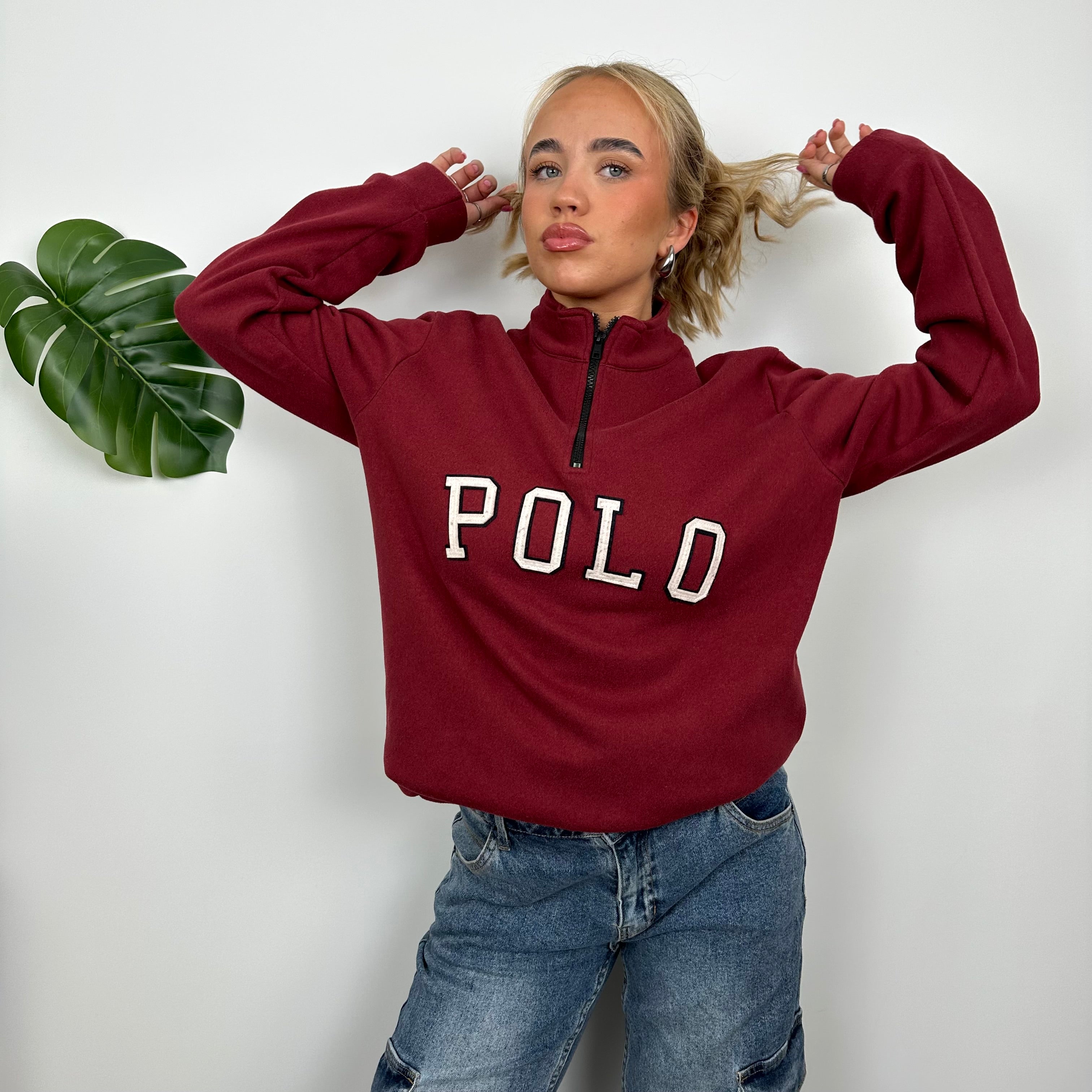 Polo Ralph Lauren Maroon Embroidered Spell Out Fleece Quarter Zip (L)