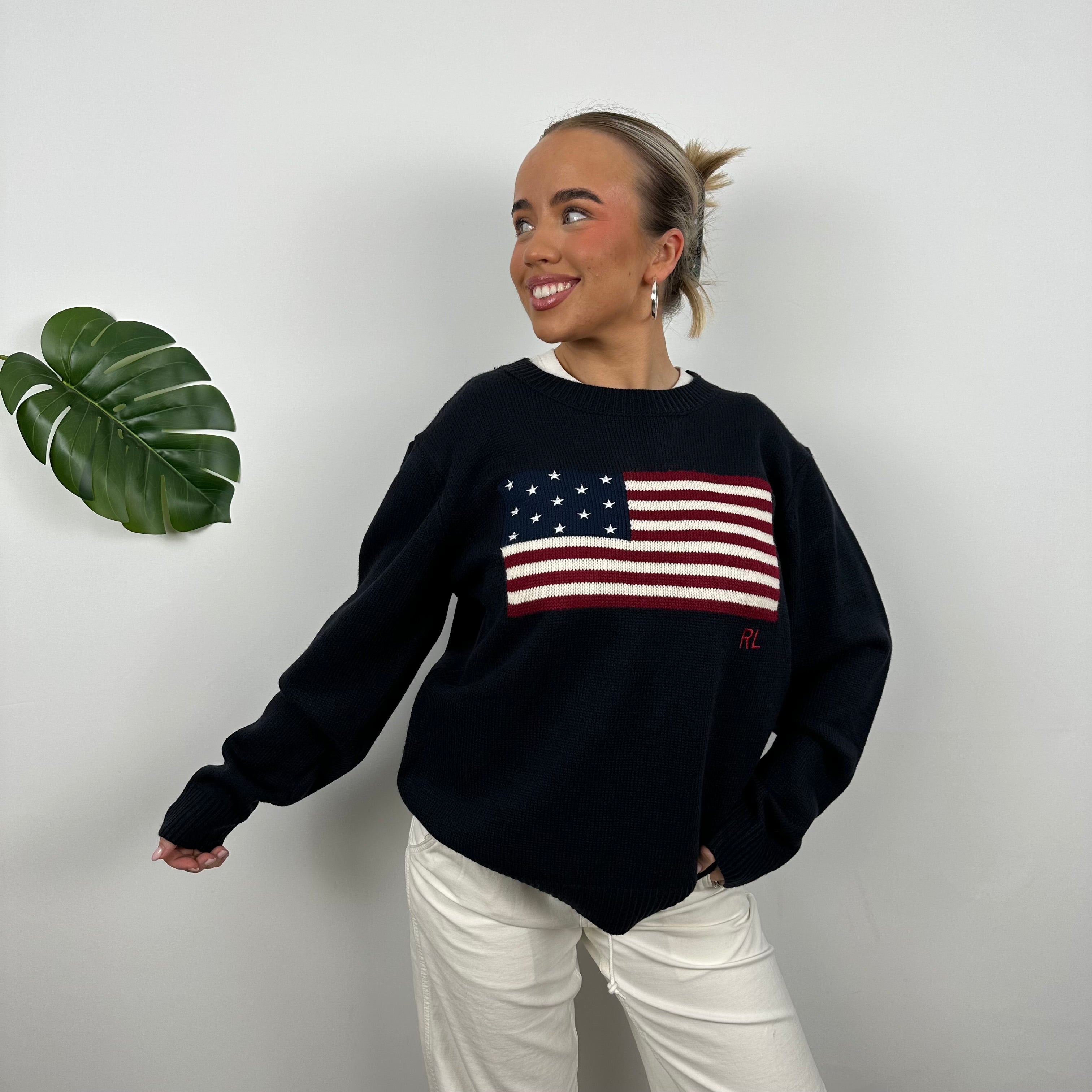 Polo Ralph Lauren Navy Embroidered Spell Out Knitted Sweater (M)