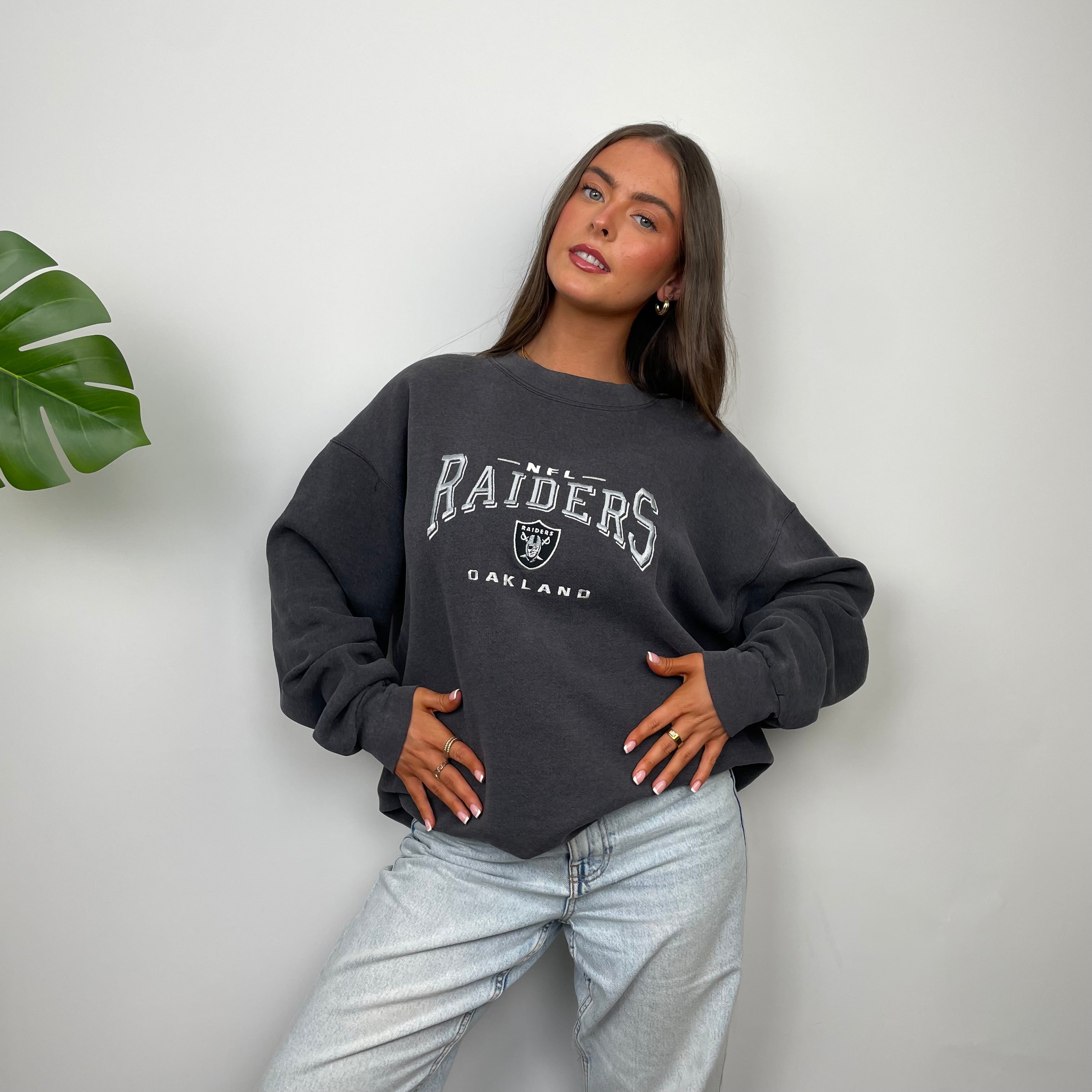 NFL Las Vegas Raiders Grey Embroidered Spell Out Sweatshirt (L)