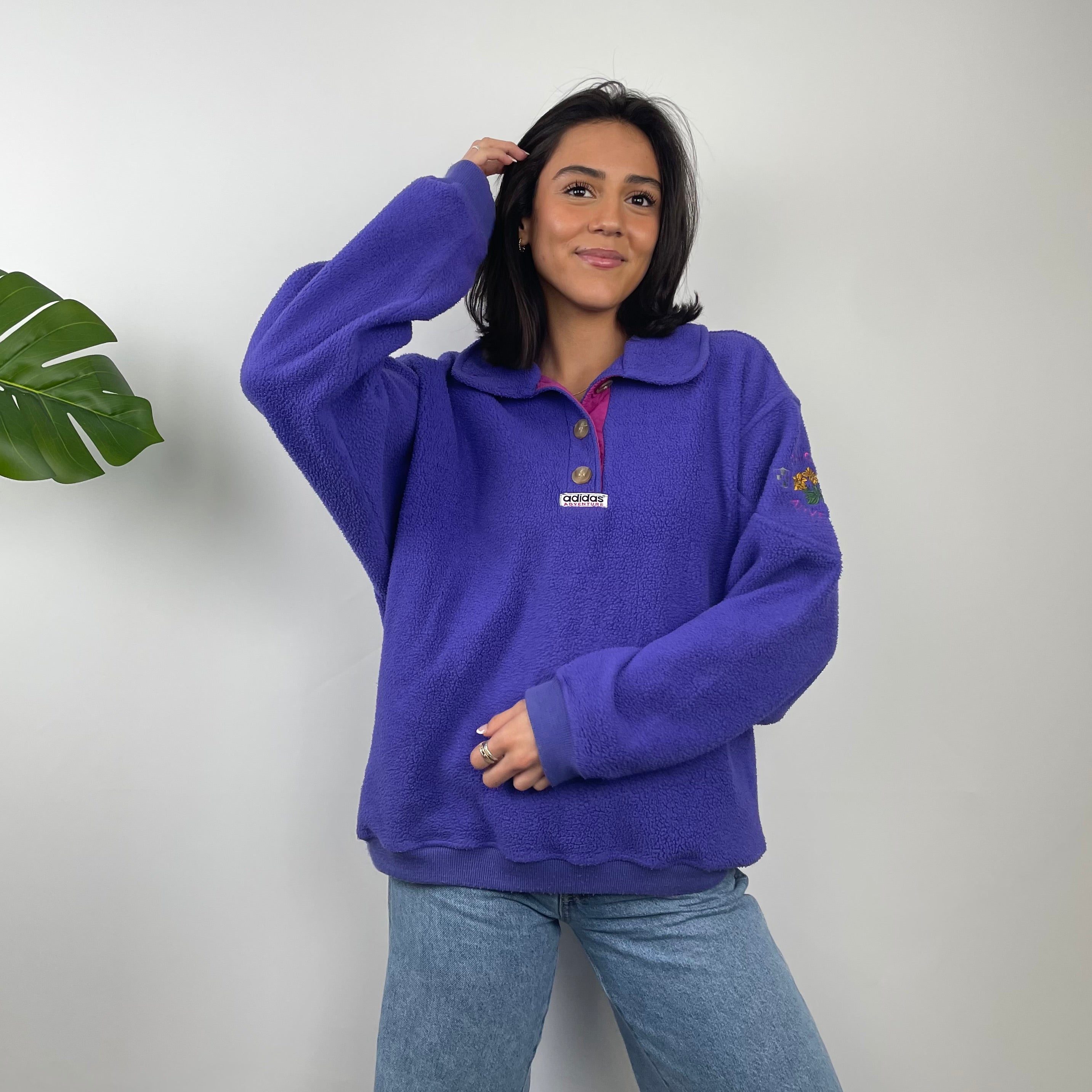 Adidas Adventure RARE Purple Embroidered Spell Out Teddy Bear Fleece Button Sweatshirt (M)