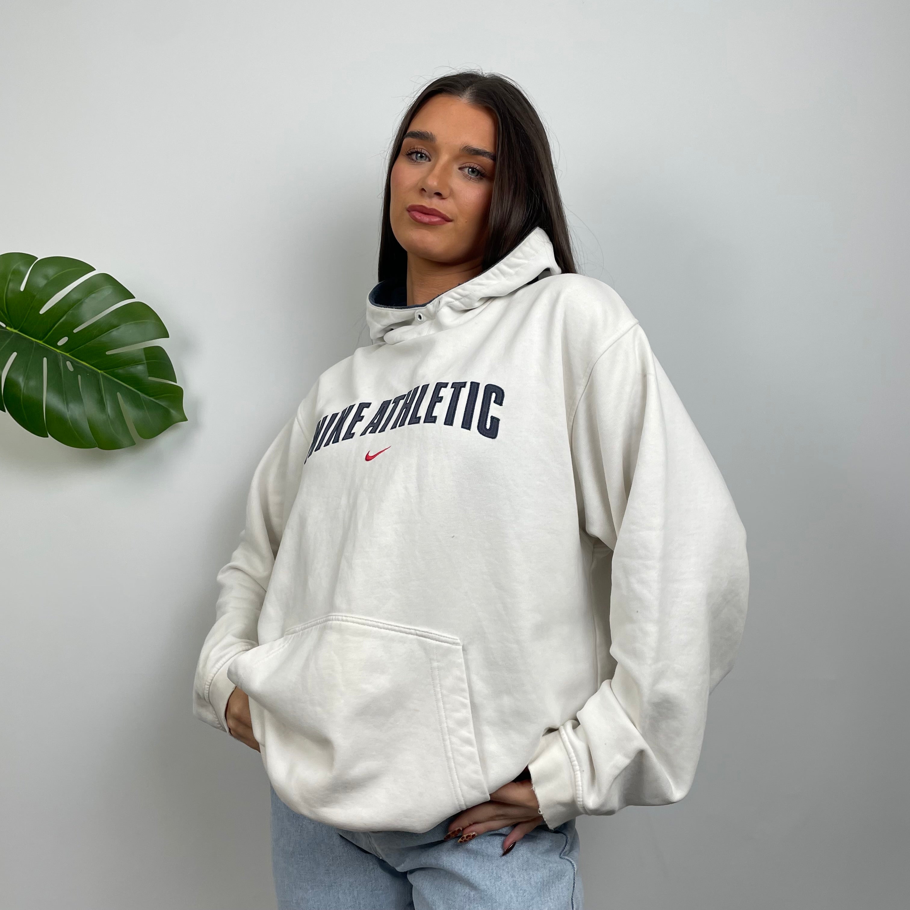 Nike Athletic White Embroidered Spell Out Hoodie (L)