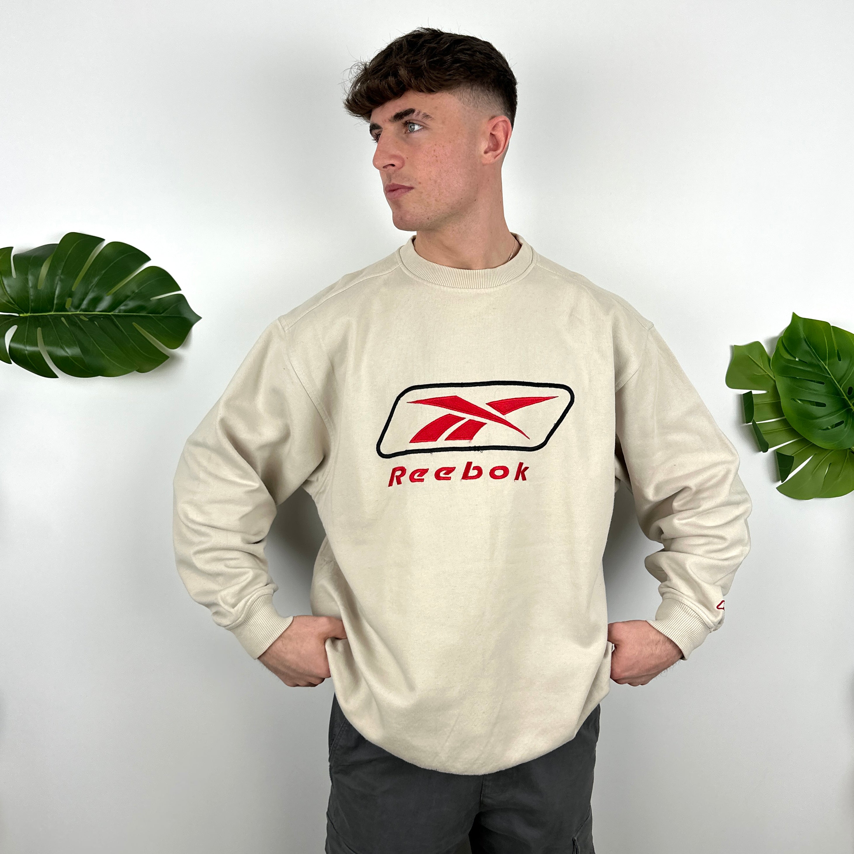 Reebok Cream Embroidered Spell Out Sweatshirt (XL)