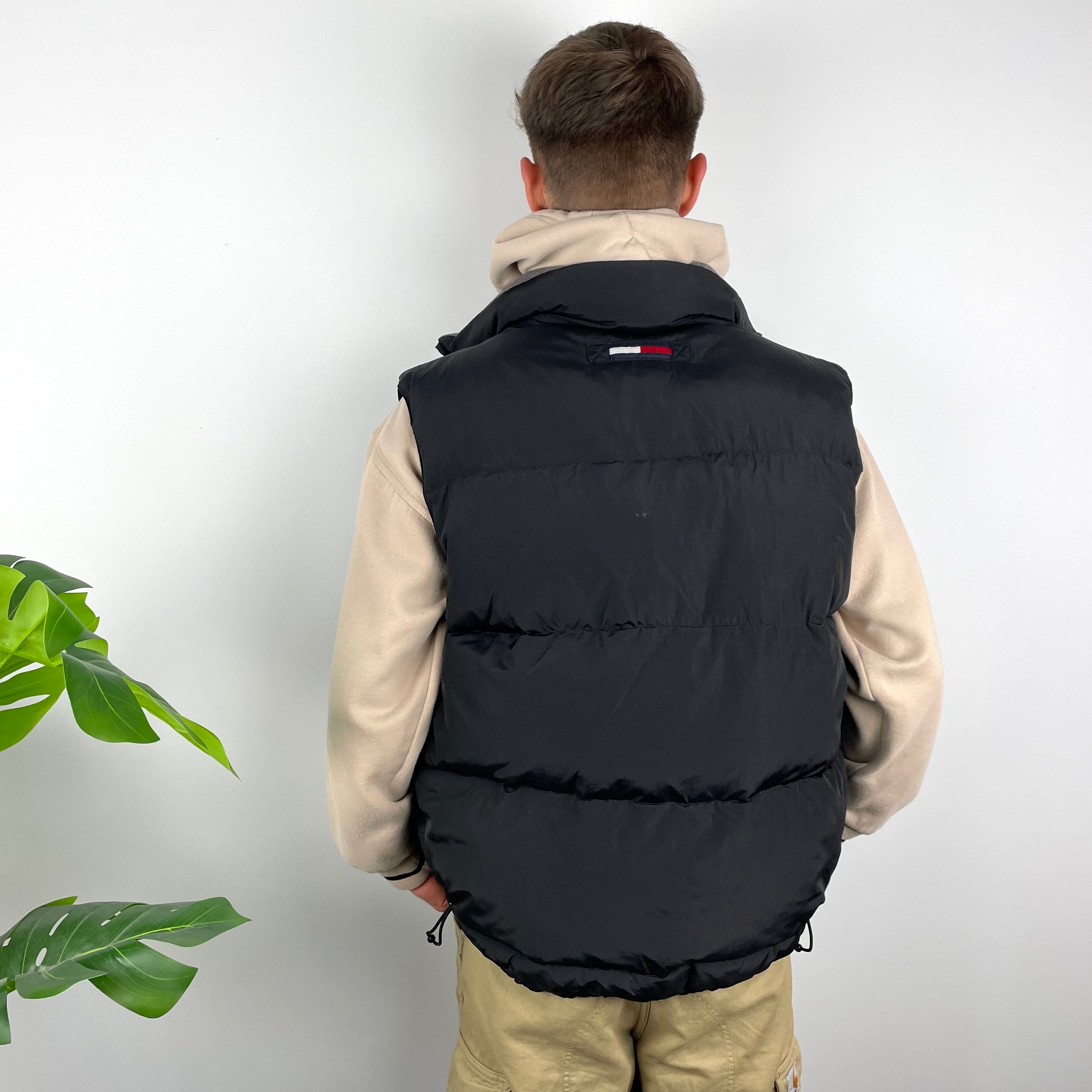 Tommy Hilfiger RARE Black Embroidered Spell Out Puffer Gilet (M)
