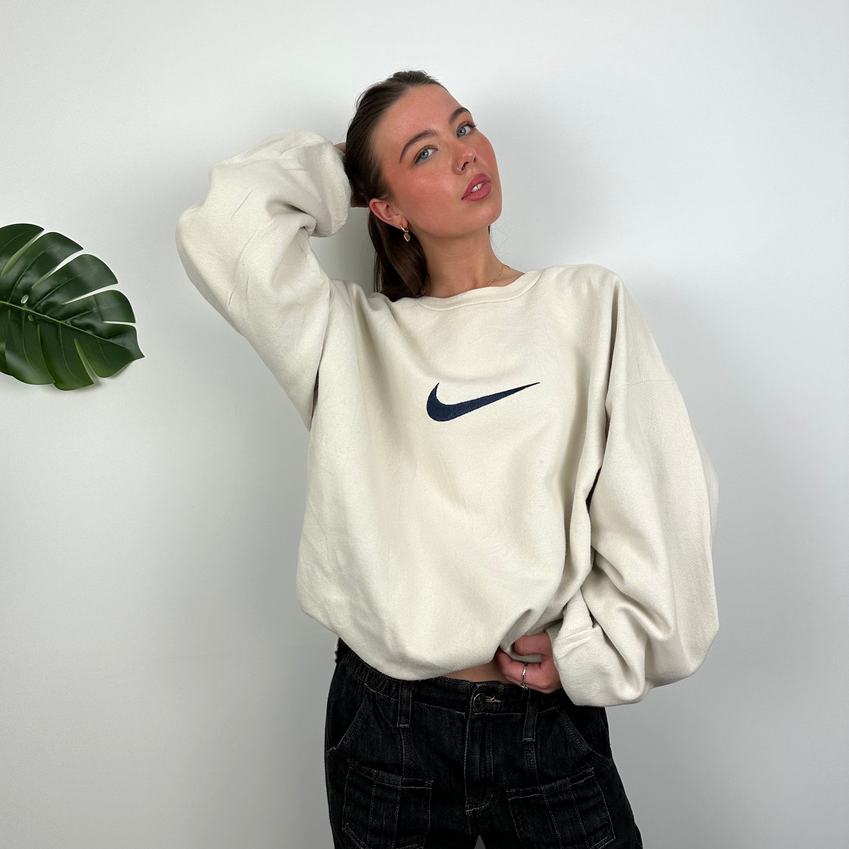 Nike Cream Embroidered Swoosh Sweatshirt (XL)