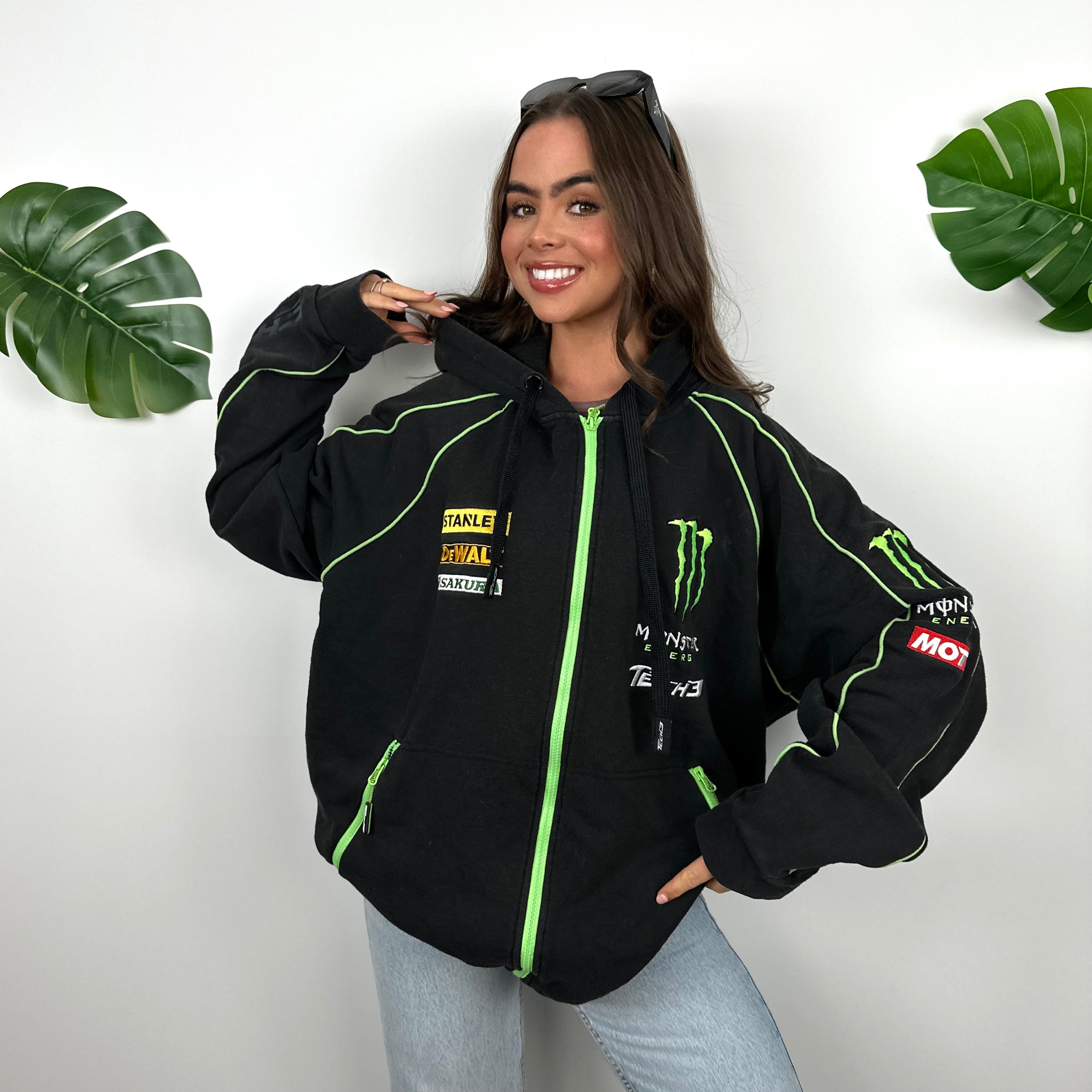 Monster Energy Racing Team Black Embroidered Spell Out Zip Up Hoodie Jacket (XL)