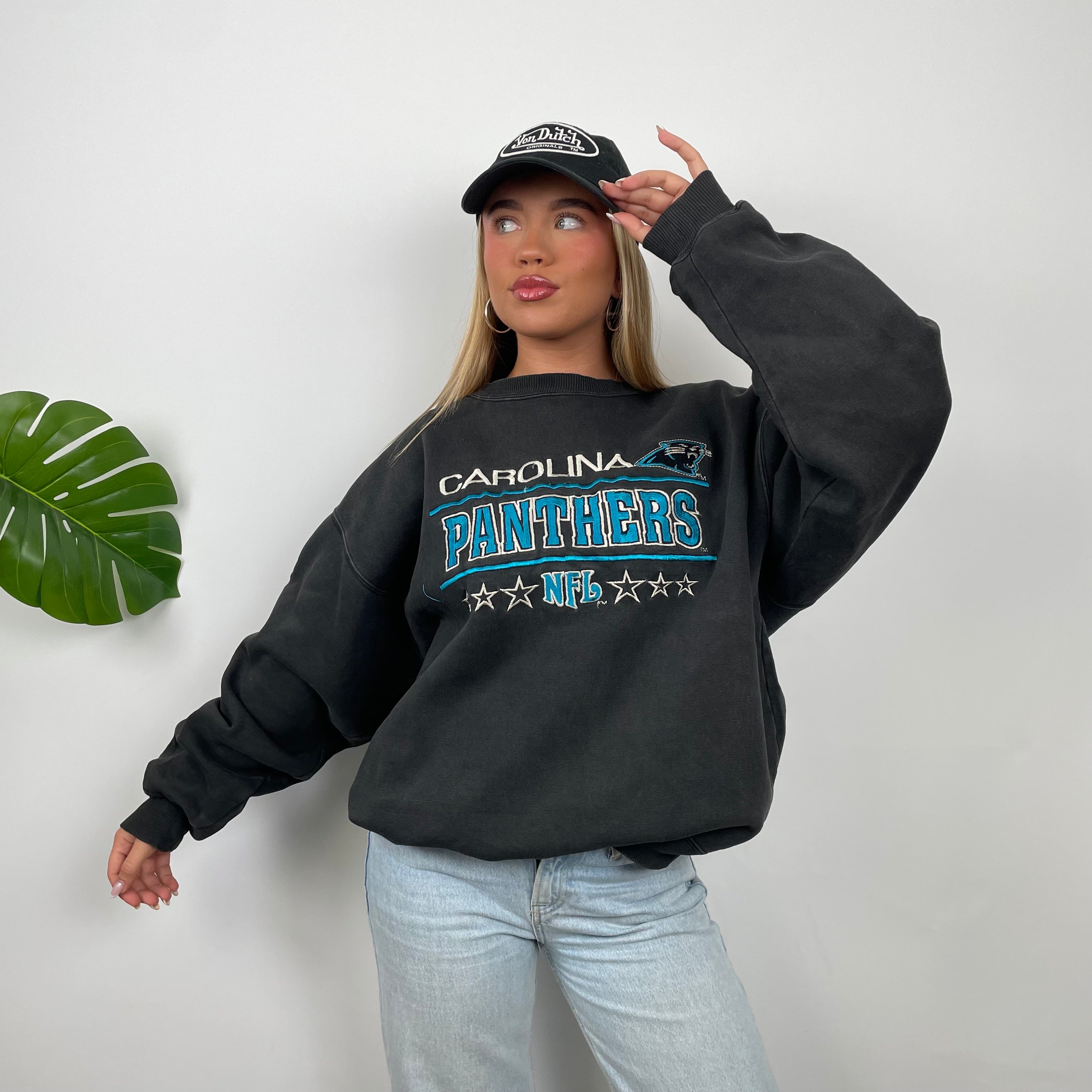 NFL Carolina Panthers Black Embroidered Spell Out Sweatshirt (L)