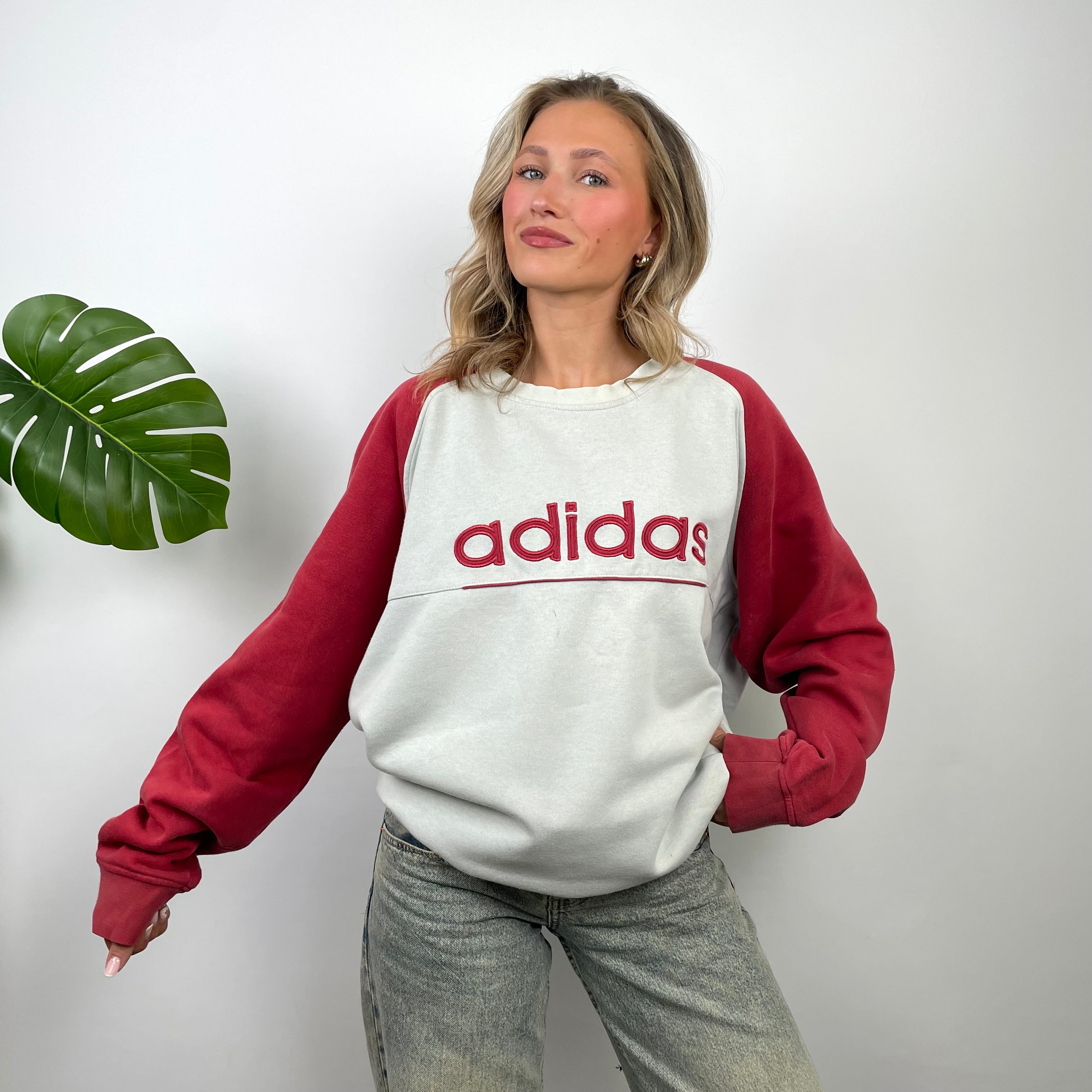 Adidas White Embroidered Spell Out Sweatshirt (XL)