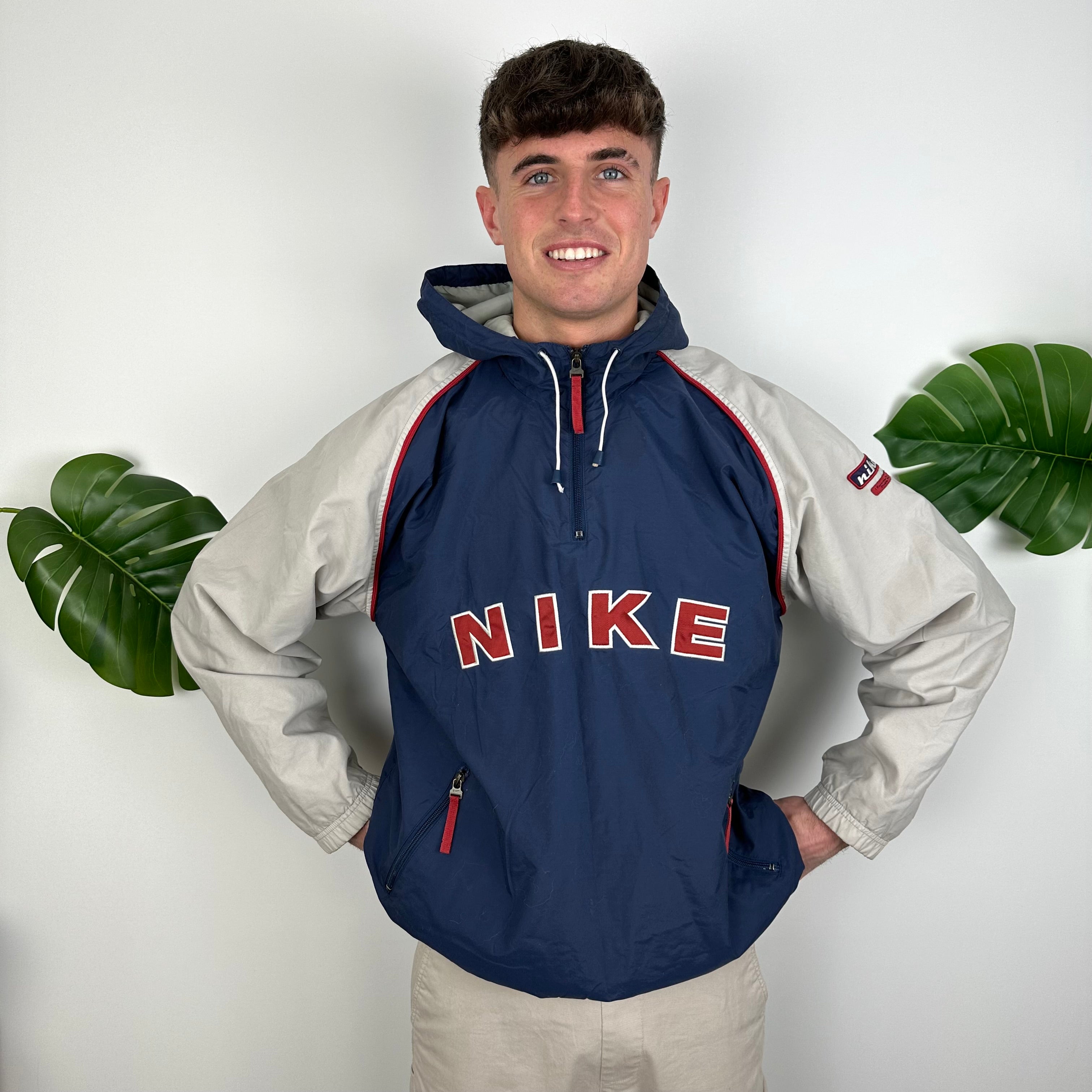 Nike Navy & Grey Embroidered Spell Out Quarter Zip Windbreaker Jacket (L)