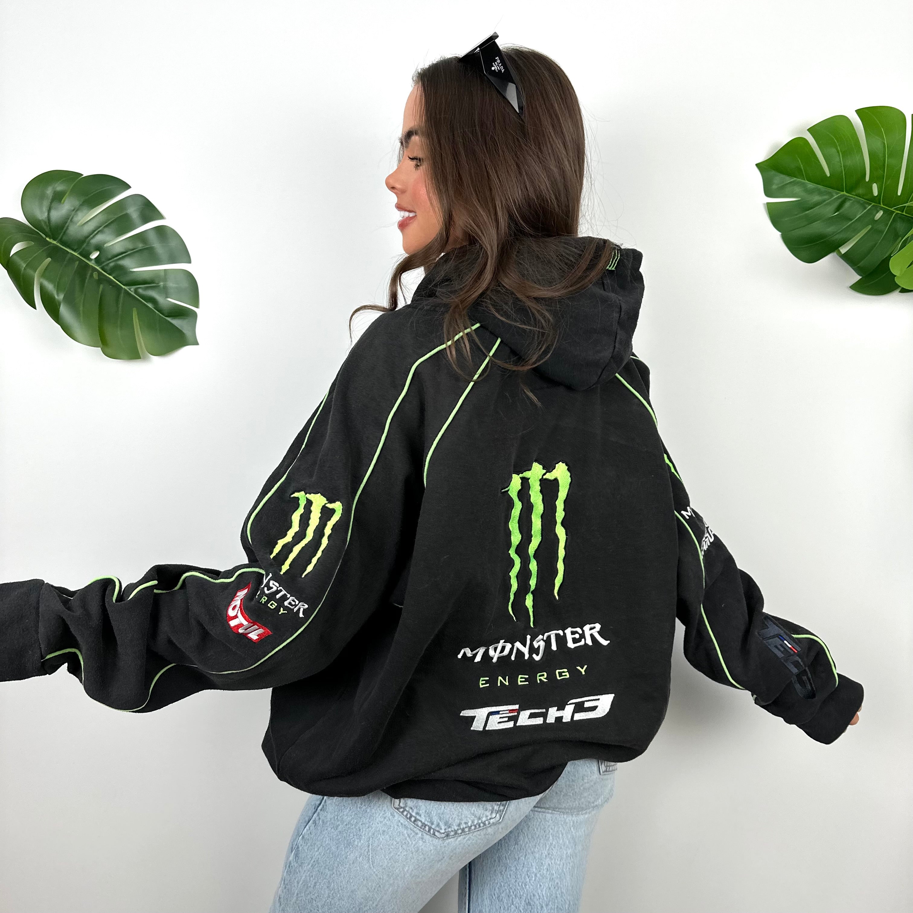 Monster Energy Racing Team Black Embroidered Spell Out Zip Up Hoodie Jacket (XL)