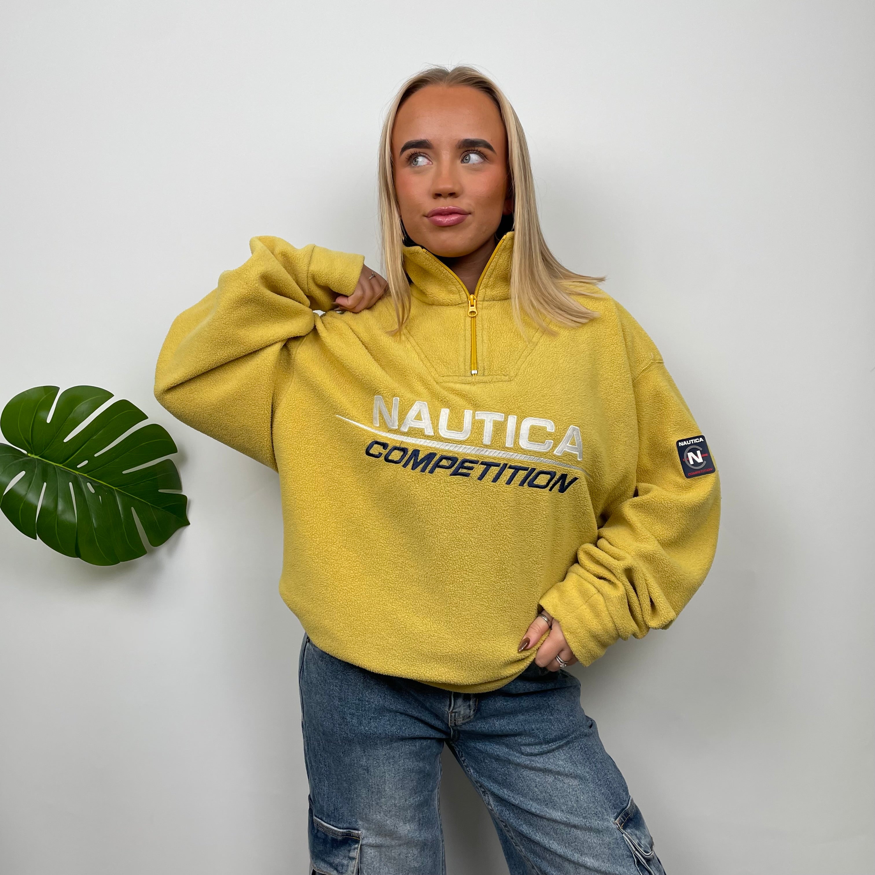 Nautica Yellow Embroidered Spell Out Teddy Bear Fleece Quarter Zip Sweatshirt (XL)