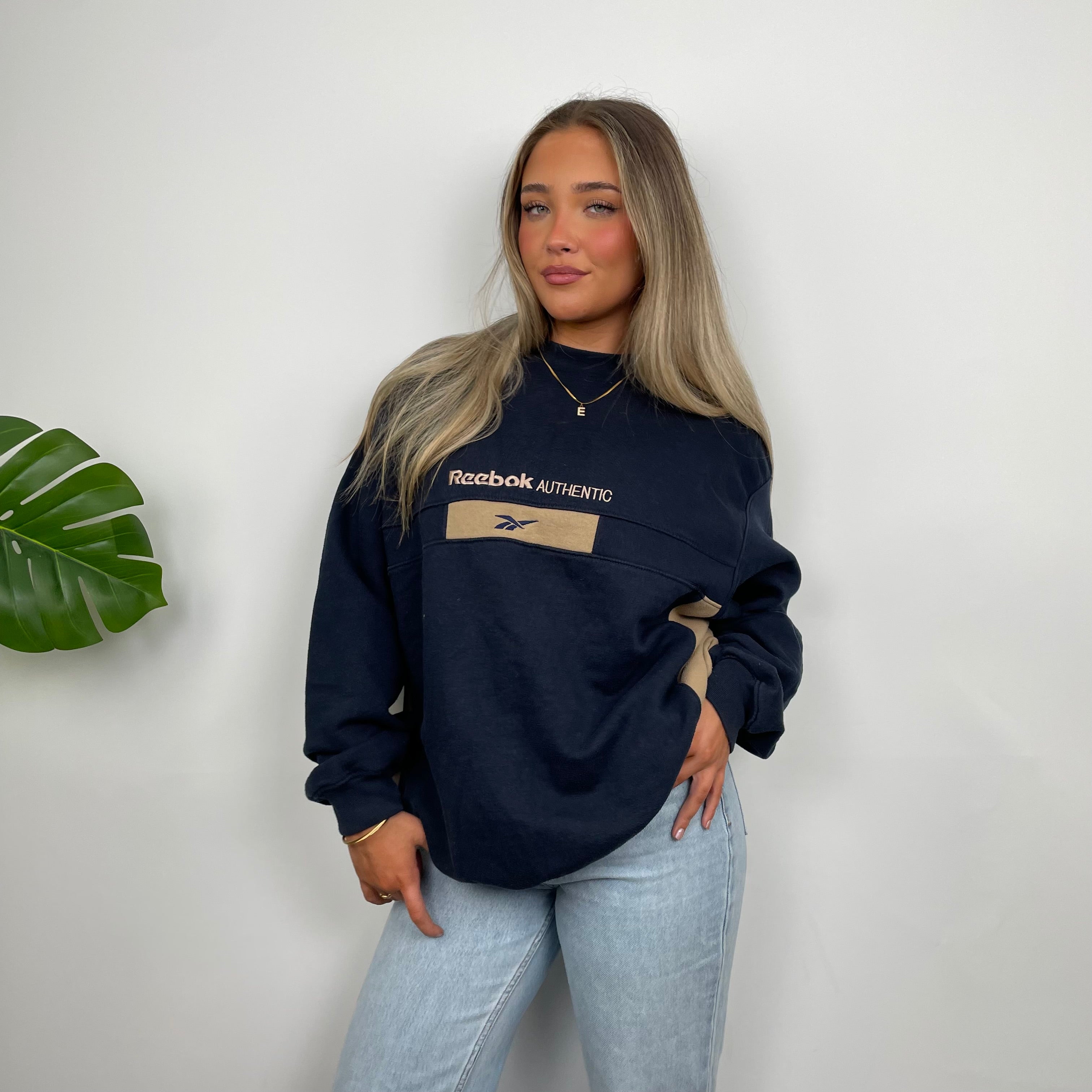 Reebok Authentic Navy Embroidered Spell Out Sweatshirt (L)