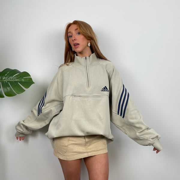 Adidas Beige  Embroidered Spell Out Quarter Zip Sweatshirt (XL)